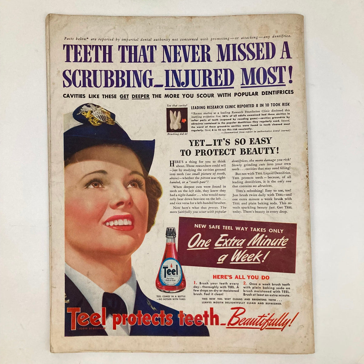Teel tooth care advertisement featuring a smiling woman in a military uniform, promoting oral hygiene with the tagline 'Teeth that never missed a scrubbing - Injured most!', from the Saturday Evening Post Magazine June 12 1943.