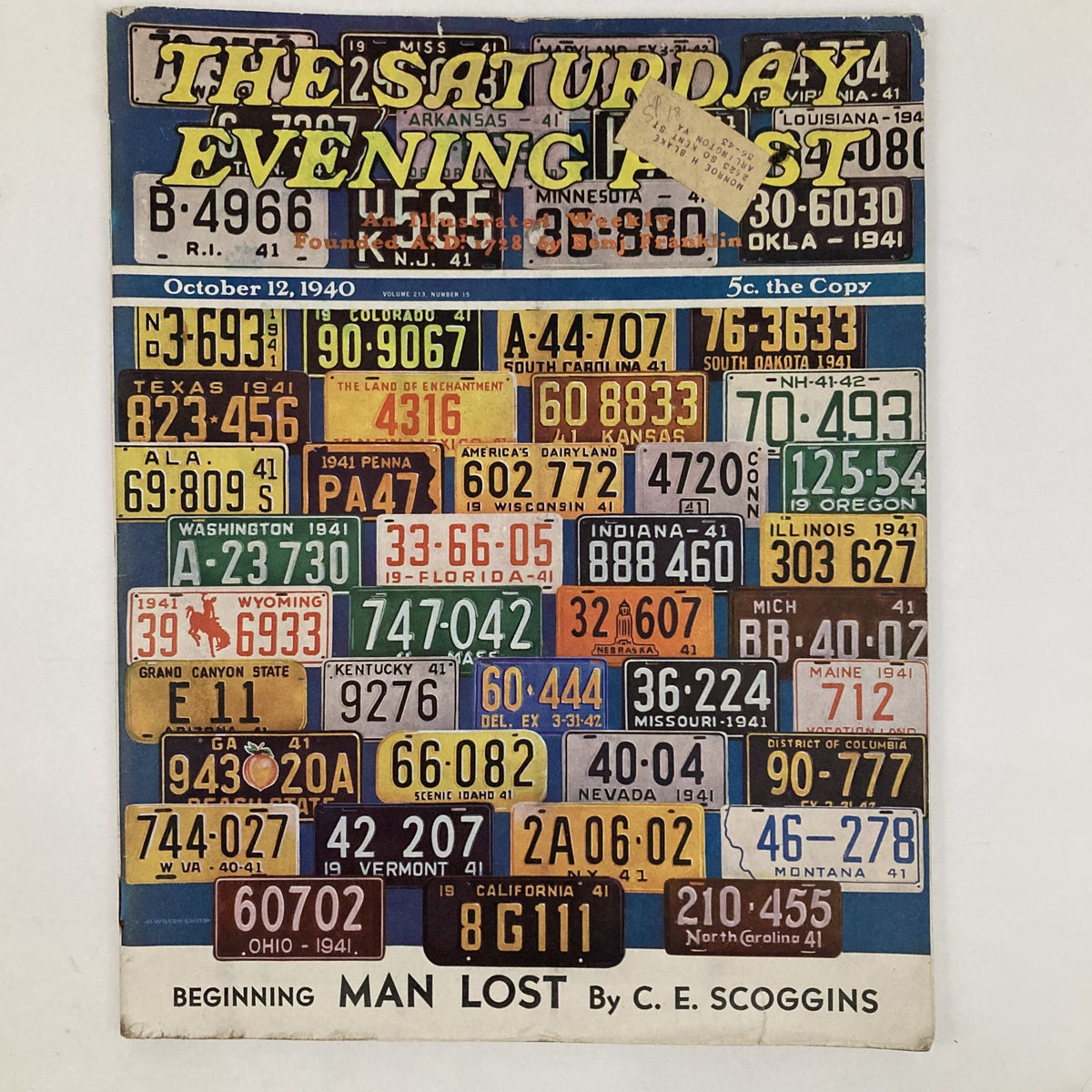 Saturday Evening Post Magazine October 12 1940 featuring a colorful collection of vintage license plates as the illustrated cover by Wilson Smith, showcasing American culture from the early 1940s.