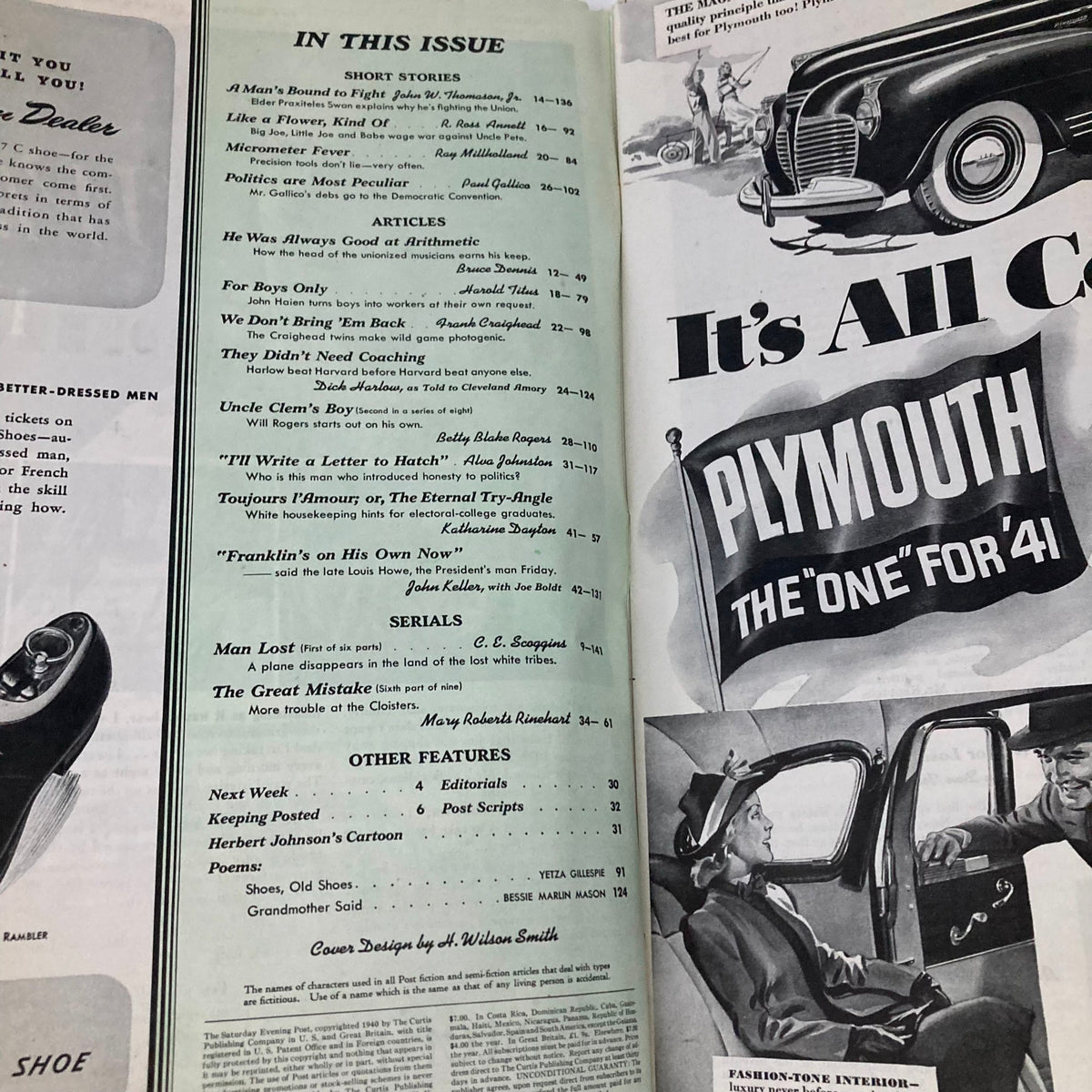 Interior page of the Saturday Evening Post Magazine October 12 1940 illustrating sections including contents and features of the issue, designed by Wilson Smith.