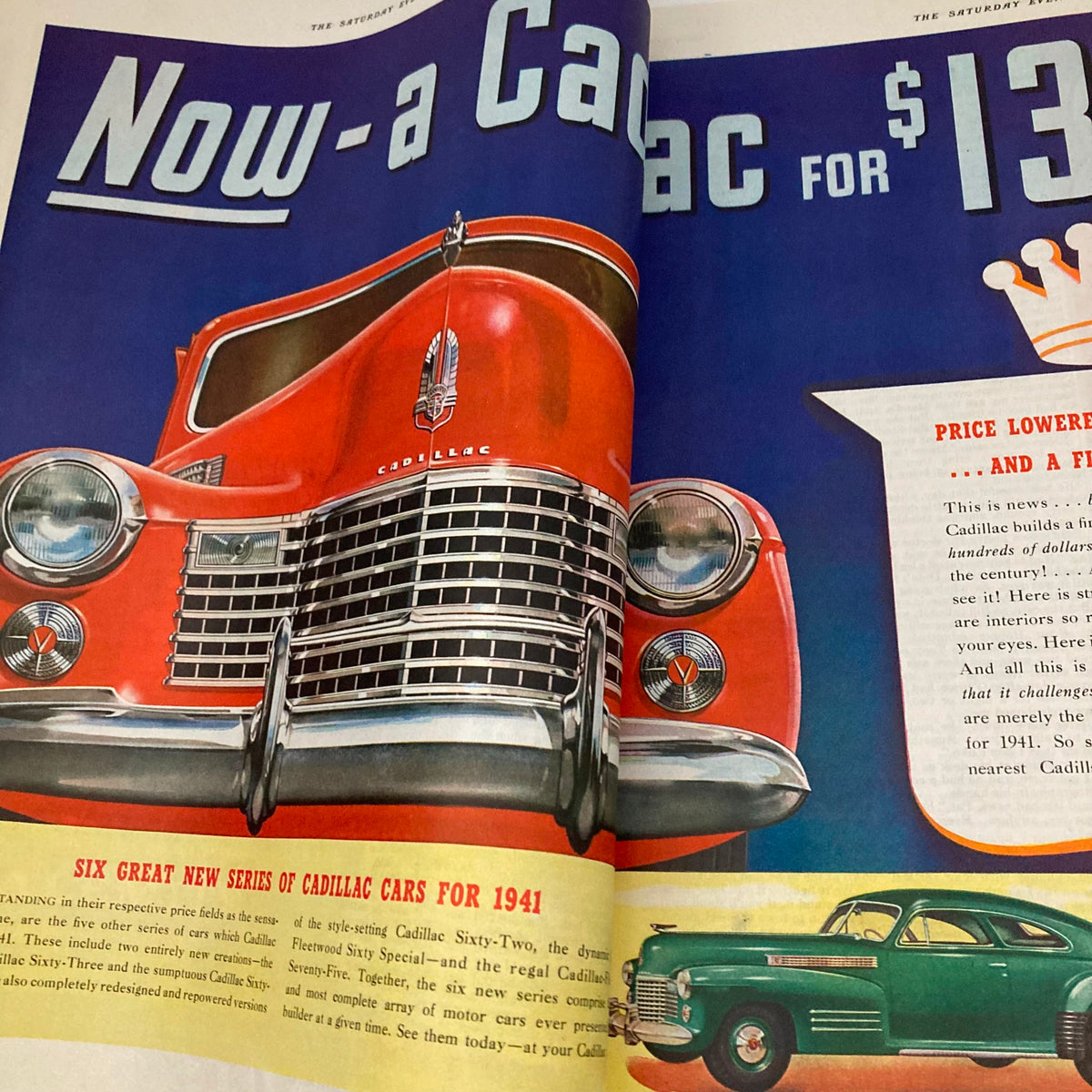 Colorful advertisement for Cadillac cars in the Saturday Evening Post Magazine October 12 1940, highlighting the new series and pricing for 1941 models.