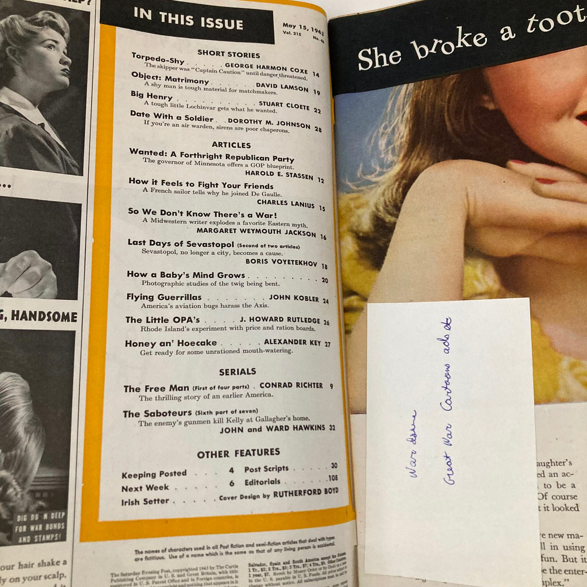 Interior page of Saturday Evening Post Magazine May 15 1943 showing the table of contents, articles, and stories featured in the issue.