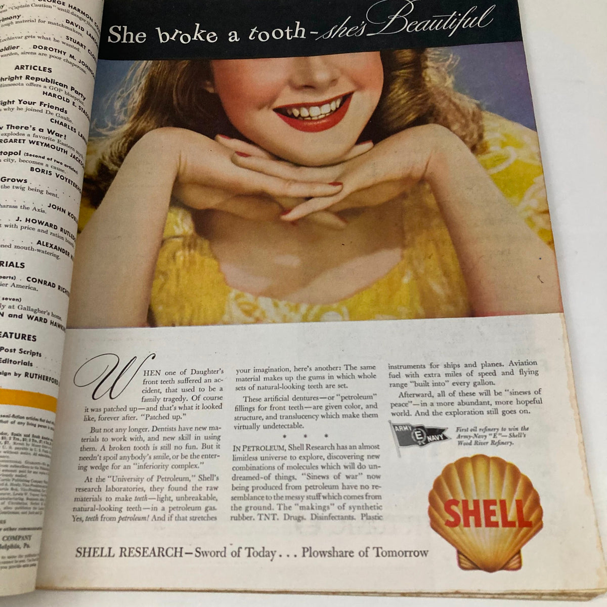 An advertisement in the Saturday Evening Post Magazine May 15 1943 portraying a smiling girl discussing dental health with a focus on beauty.
