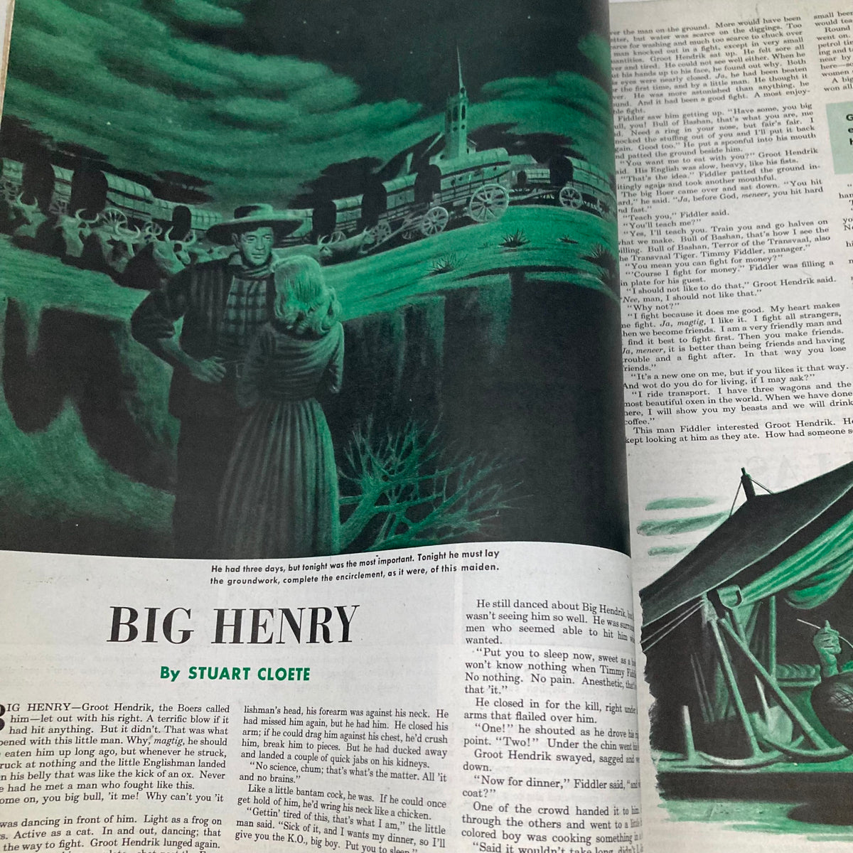 Illustration from Saturday Evening Post Magazine May 15 1943 featuring a dramatic scene with figures in a green tint, representing a story titled 'Big Henry' by Stuart Cloete.
