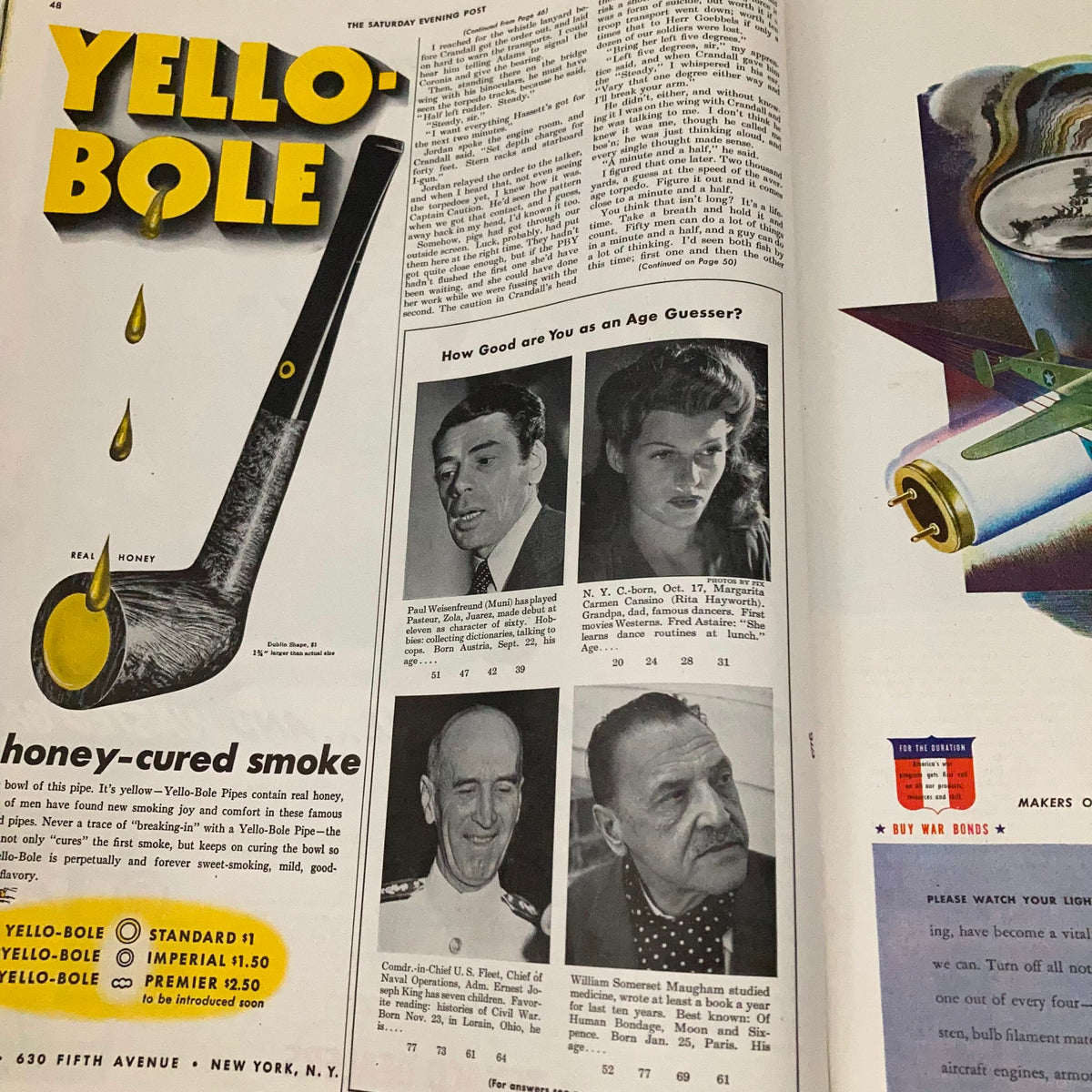 Advertisement for Yello-Bole pipe in Saturday Evening Post Magazine May 15 1943, showcasing a stylish pipe with honey drops, along with photos of celebrity age guessers.