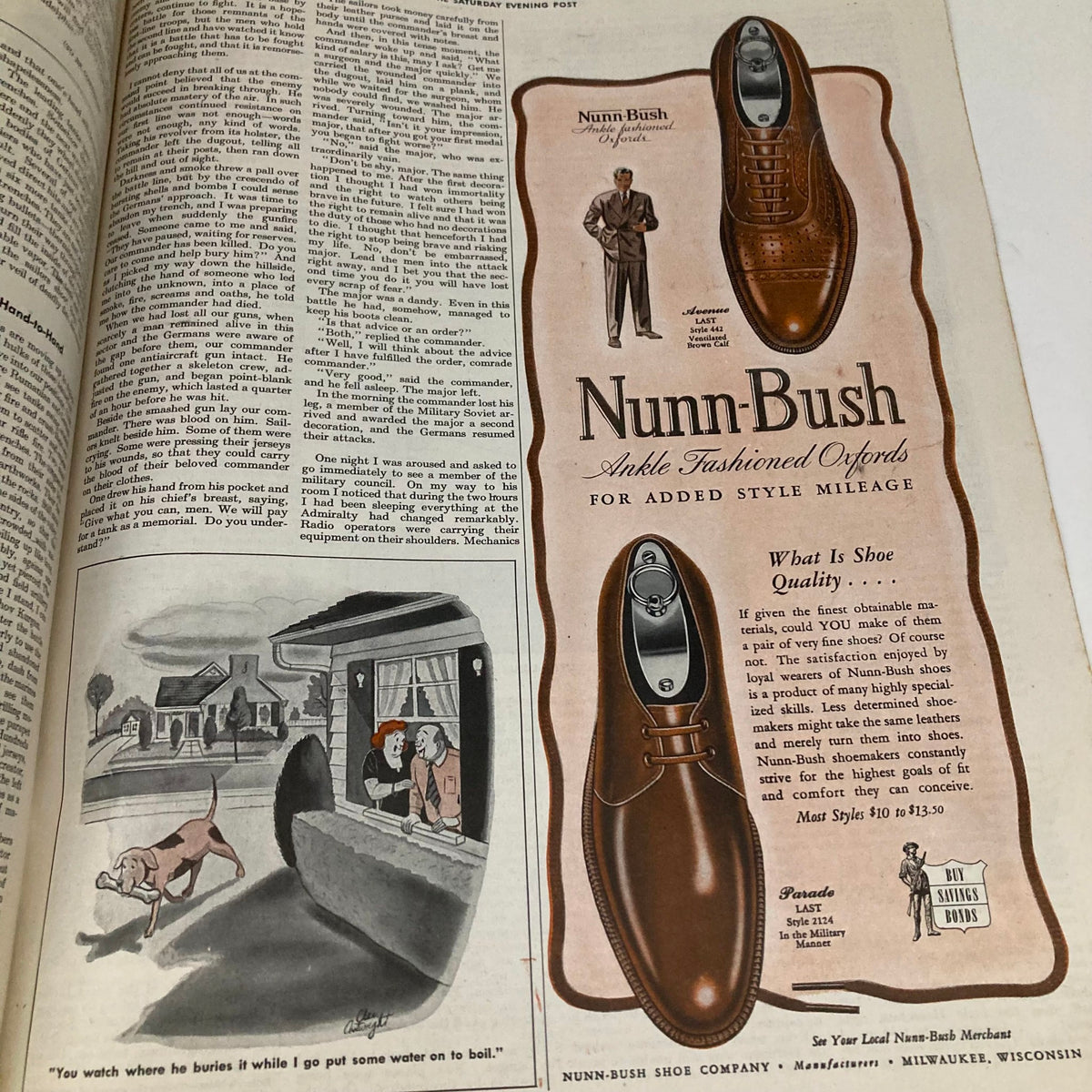 Nunn-Bush Shoe advertisement in Saturday Evening Post Magazine May 15 1943 featuring a stylish brown oxford shoe and a related text on quality and style.