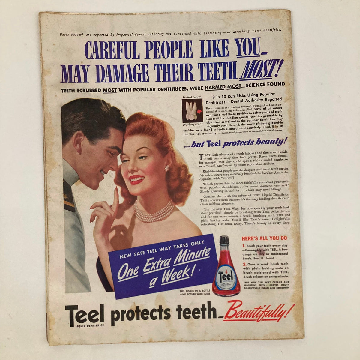 Teel dental care advertisement in Saturday Evening Post Magazine May 15 1943, showing a smiling couple with a focus on dental hygiene and Teel products.