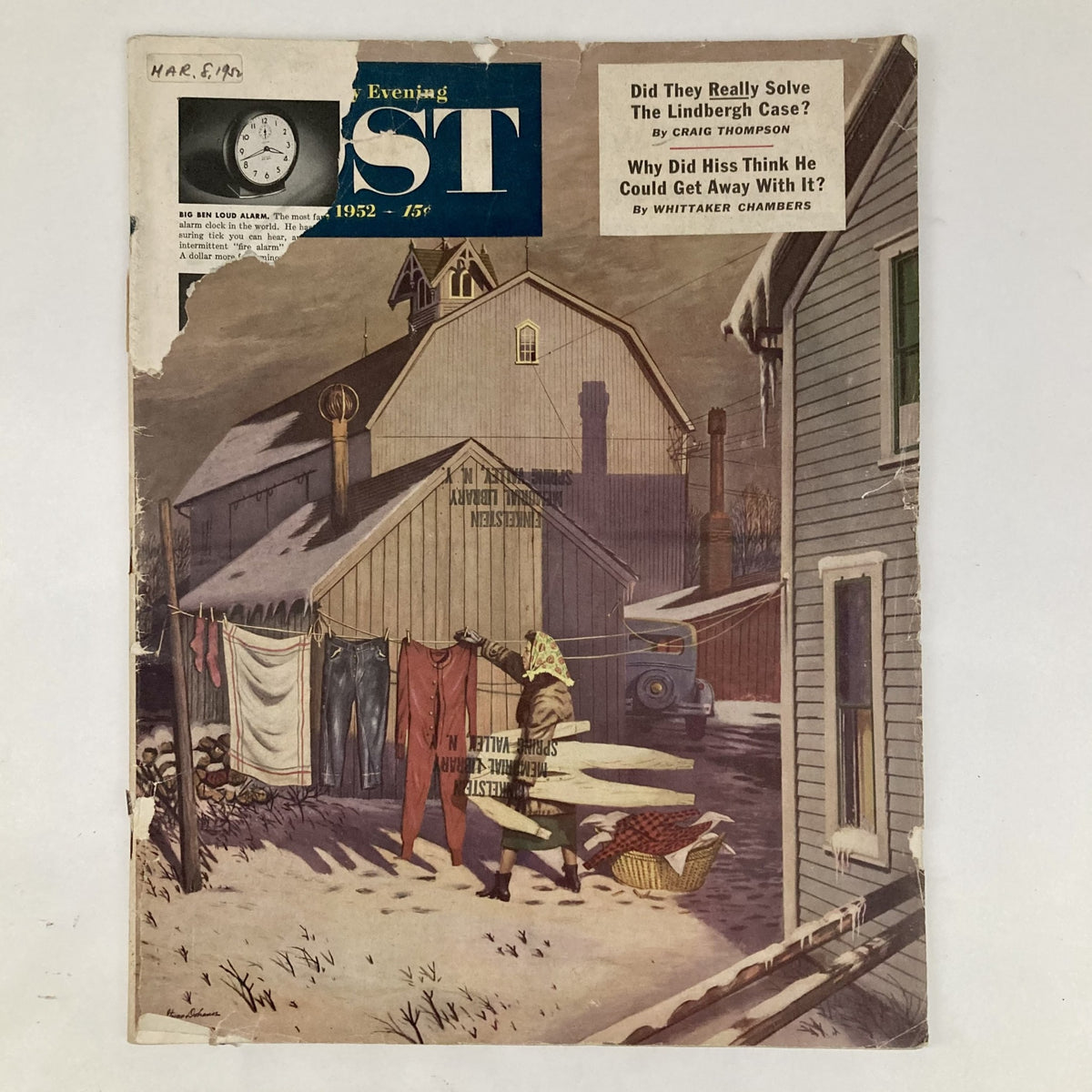 Cover of the Saturday Evening Post Magazine from March 8, 1952, featuring a nostalgic winter clothesline scene illustrated by Dohanos.