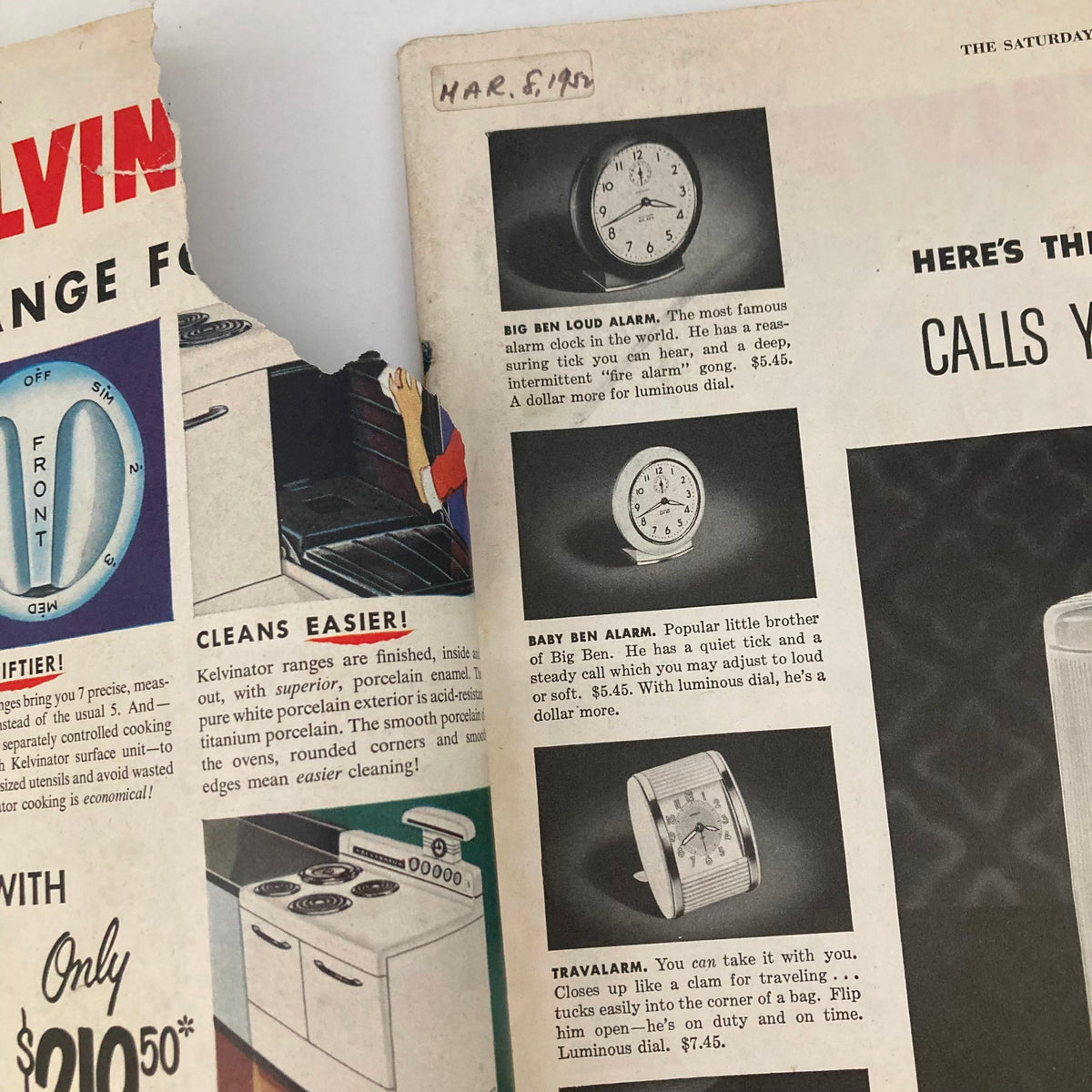 Interior page of the Saturday Evening Post Magazine March 8, 1952 showcasing vintage advertisements for alarm clocks and kitchen appliances.