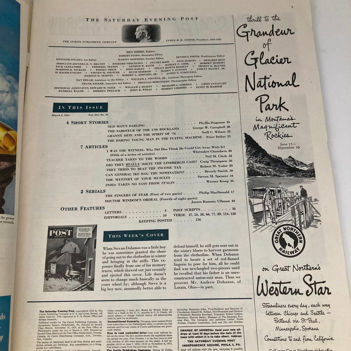 Contents page of the Saturday Evening Post Magazine from March 8, 1952, listing articles and features of the issue.