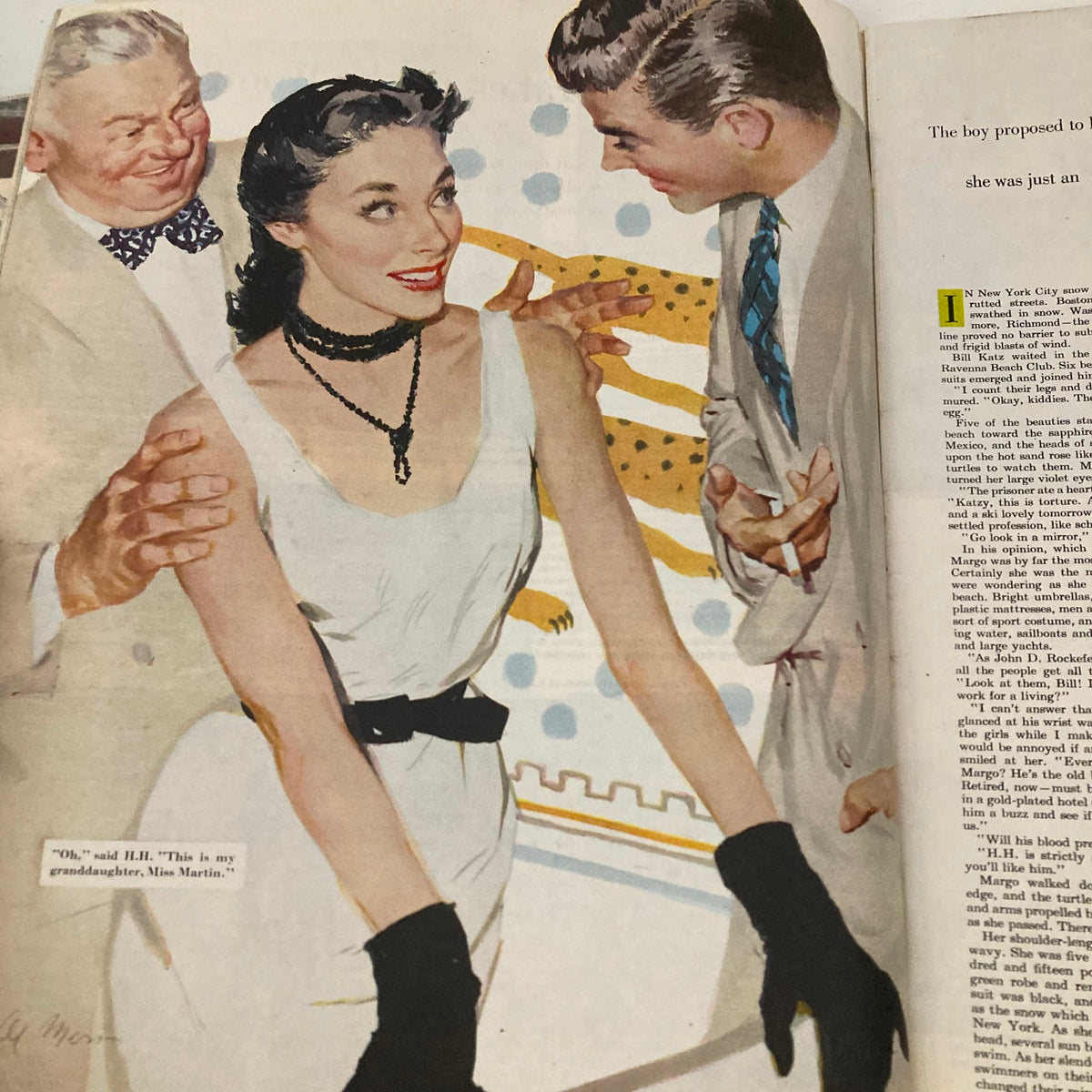 Vintage illustration from Saturday Evening Post Magazine March 8 1952 featuring a charming scene with a woman in a white dress engaged in conversation with two men, showcasing mid-20th century American culture and style.