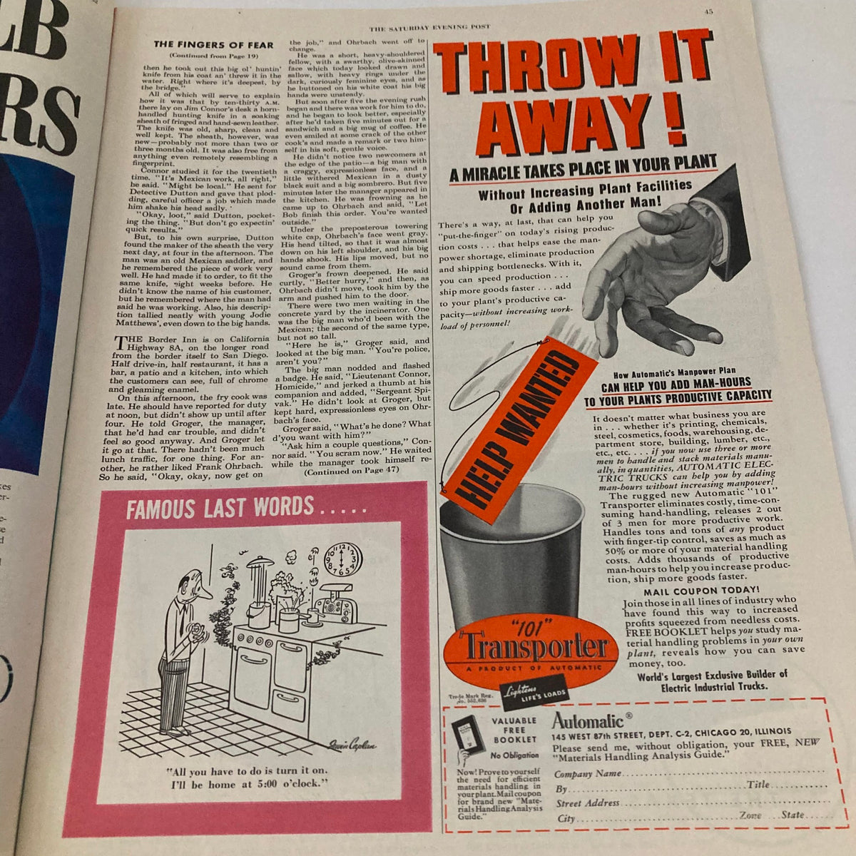 An interior page from Saturday Evening Post Magazine March 8 1952 depicting an article titled 'The Fingers of Fear' and a humorous cartoon about cooking, illustrating 1950s magazine content.