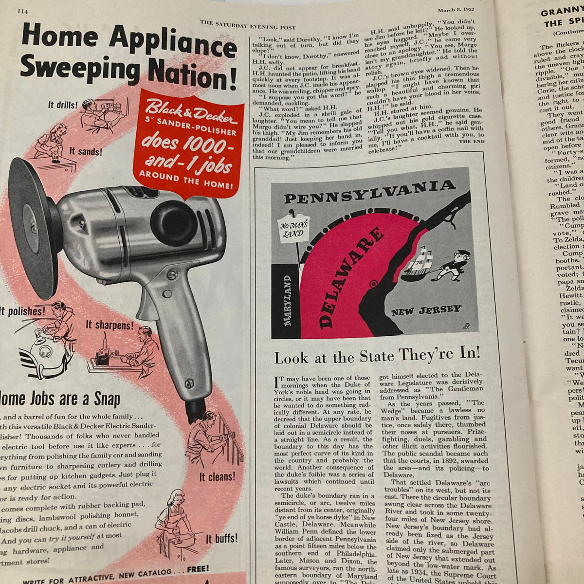 Another interior page from Saturday Evening Post Magazine March 8 1952 featuring an advertisement for Black & Decker home appliances, highlighting the innovative technology of the 1950s.