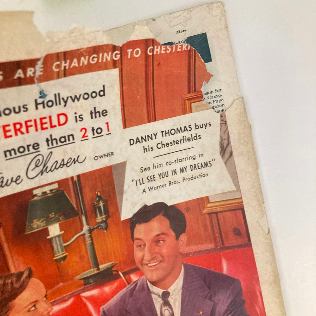 Close-up of the Chesterfield advertisement from Saturday Evening Post Magazine March 8 1952, featuring Danny Thomas, highlighting mid-20th century marketing and cultural references.
