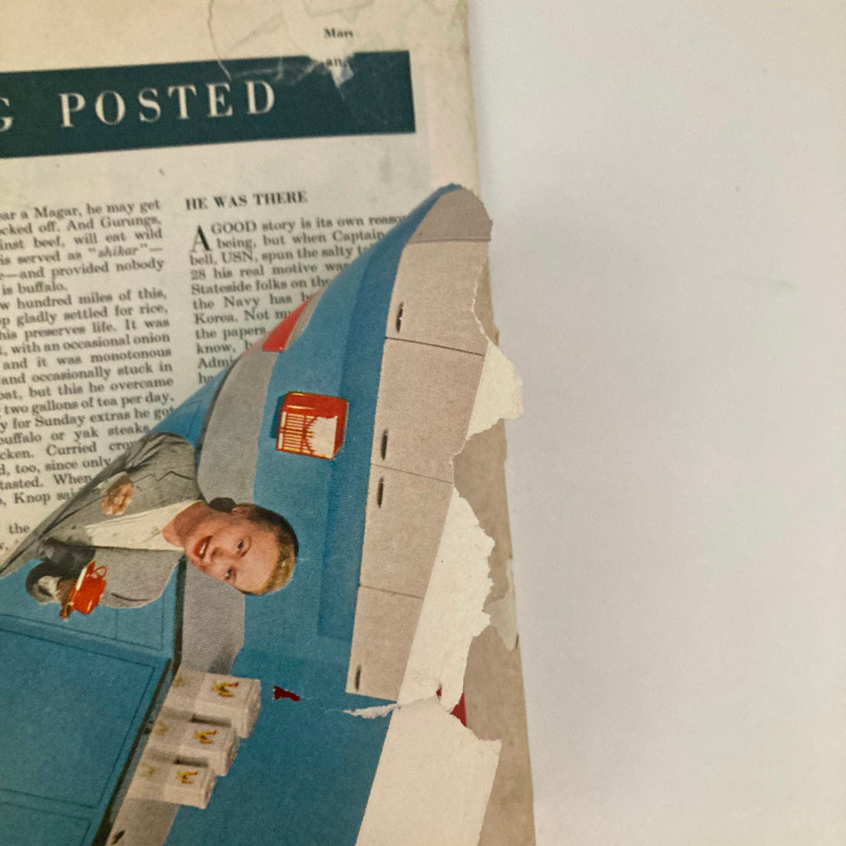 Vintage Saturday Evening Post Magazine March 8, 1952, showcasing a torn corner of the cover with colorful artwork, reflecting mid-20th century Americana.