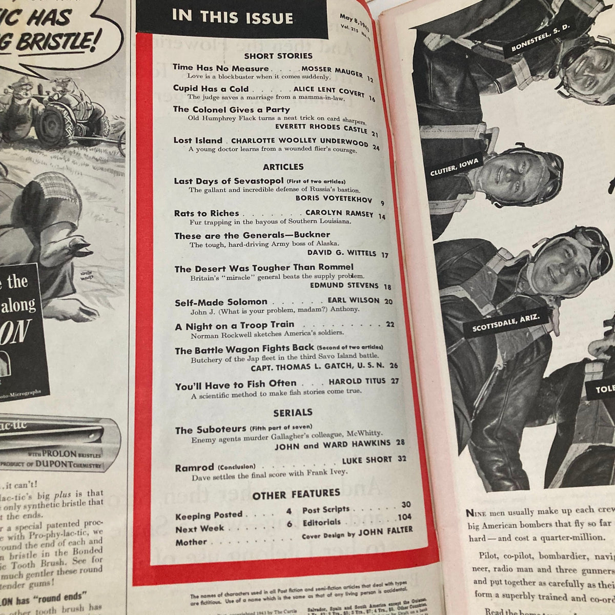 Table of contents for the Saturday Evening Post magazine May 8, 1943, detailing featured short stories and articles, showcasing topics from war to social life.