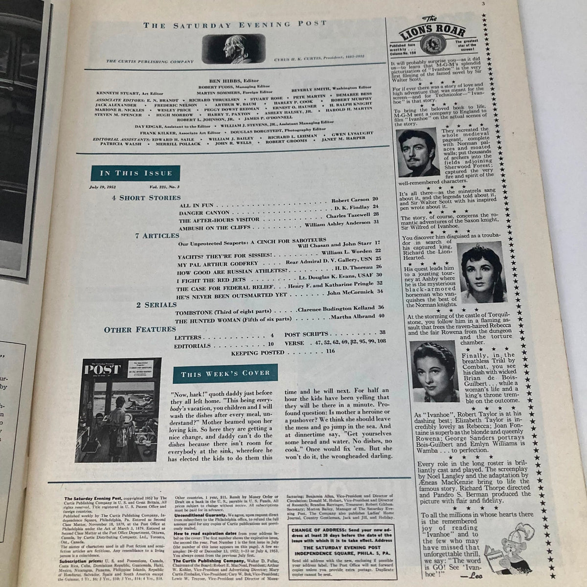 Interior page of Saturday Evening Post Magazine July 19, 1952 displaying the contents and editorial information including articles and short stories.