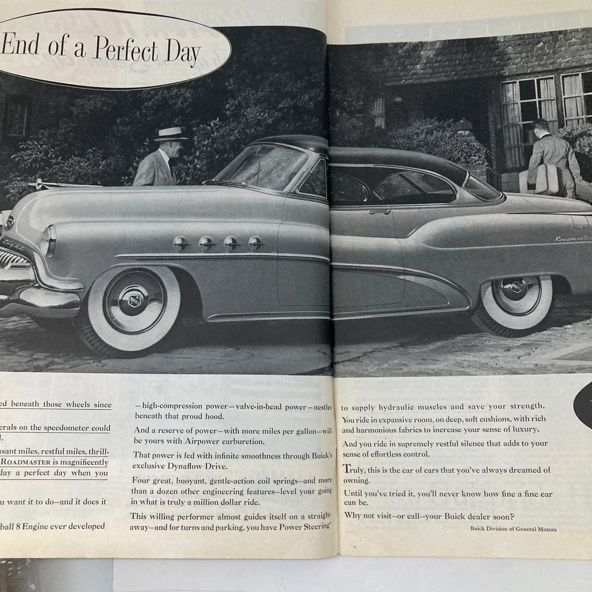 Page from Saturday Evening Post Magazine July 19, 1952 showcasing an advertisement for Buick cars titled 'End of a Perfect Day' with a vintage car in the foreground.