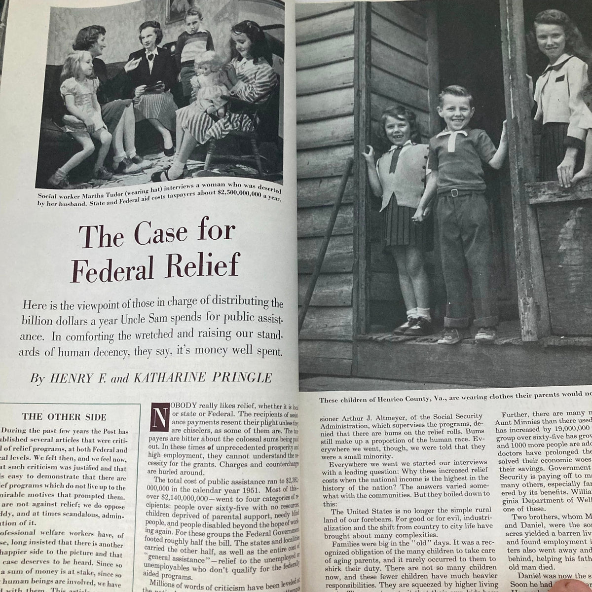 Interior spread of the Saturday Evening Post Magazine, July 19, 1952, titled "The Case for Federal Relief" by Henry F. and Katharine Pringle, featuring a photograph of children in a rural setting.