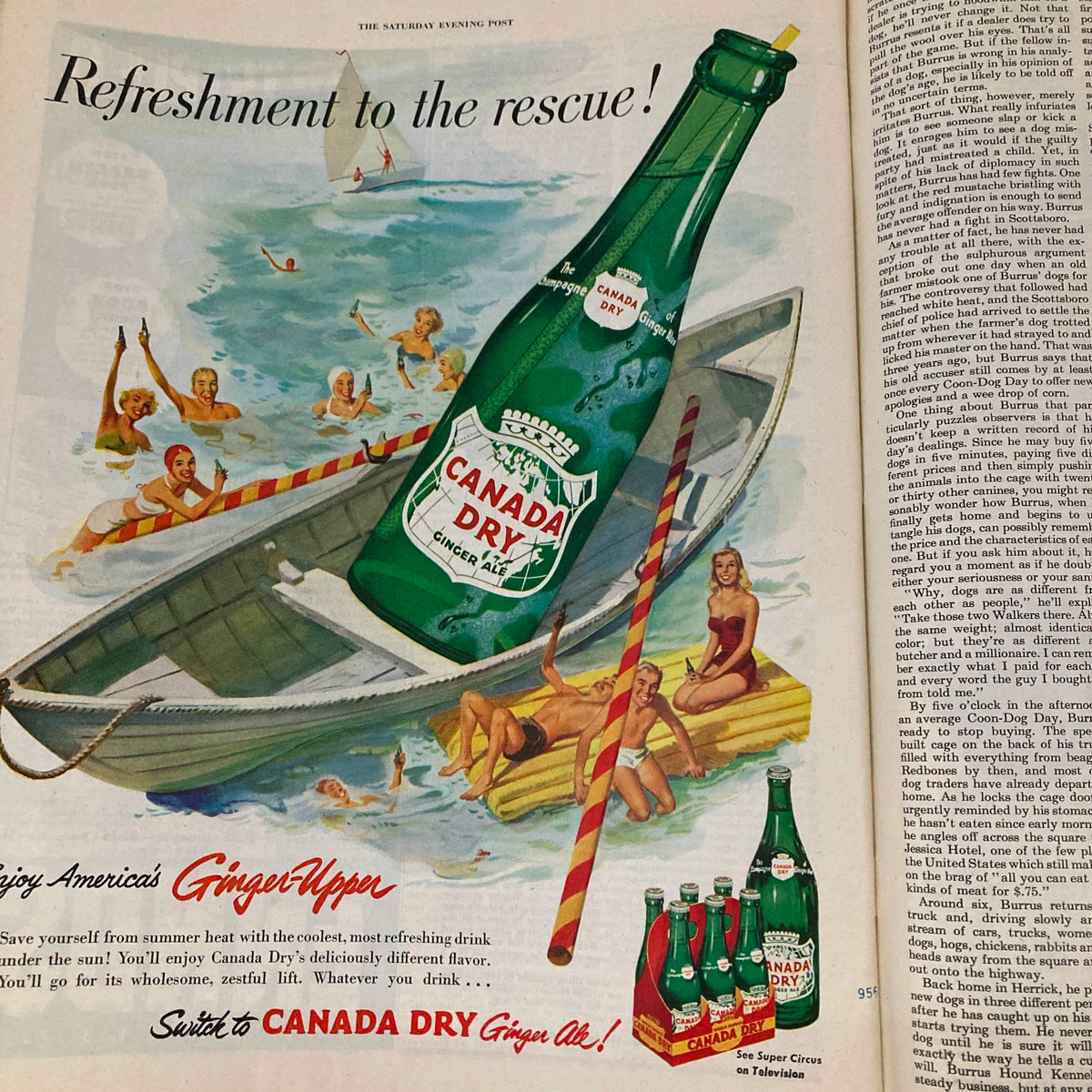 Advertisement from the Saturday Evening Post Magazine, July 19, 1952, promoting Canada Dry ginger ale, illustrating a summer scene with people enjoying the refreshing drink.