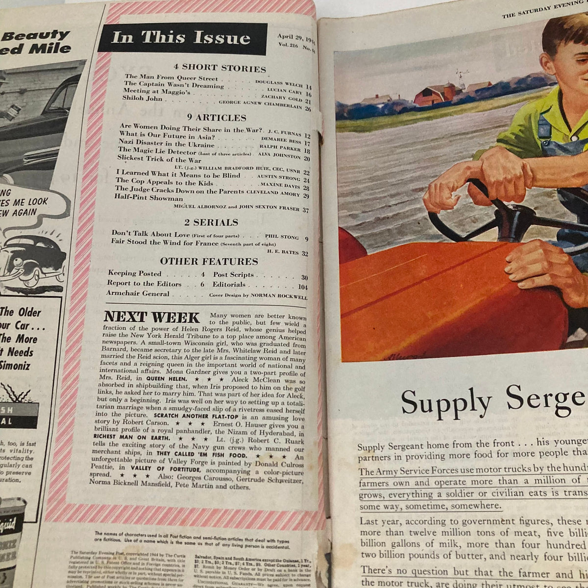 Interior page of the Saturday Evening Post Magazine April 29 1944 featuring articles and content details including short stories and features.