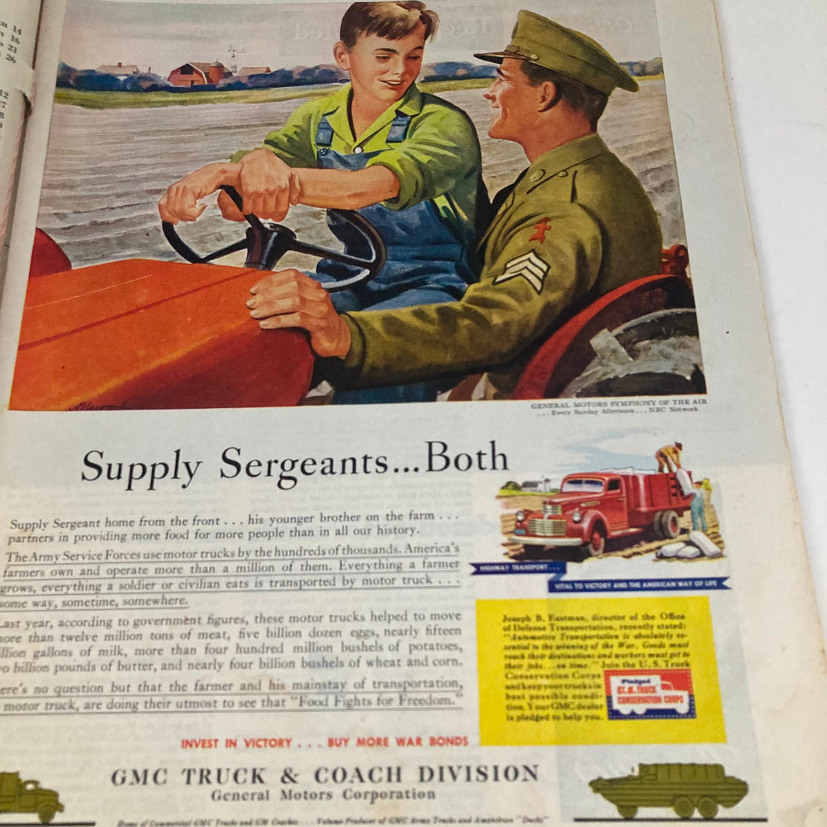 Another interior page from the Saturday Evening Post Magazine April 29 1944 highlighting an illustration of a soldier and farmer with the title 'Supply Sergeants...Both'.