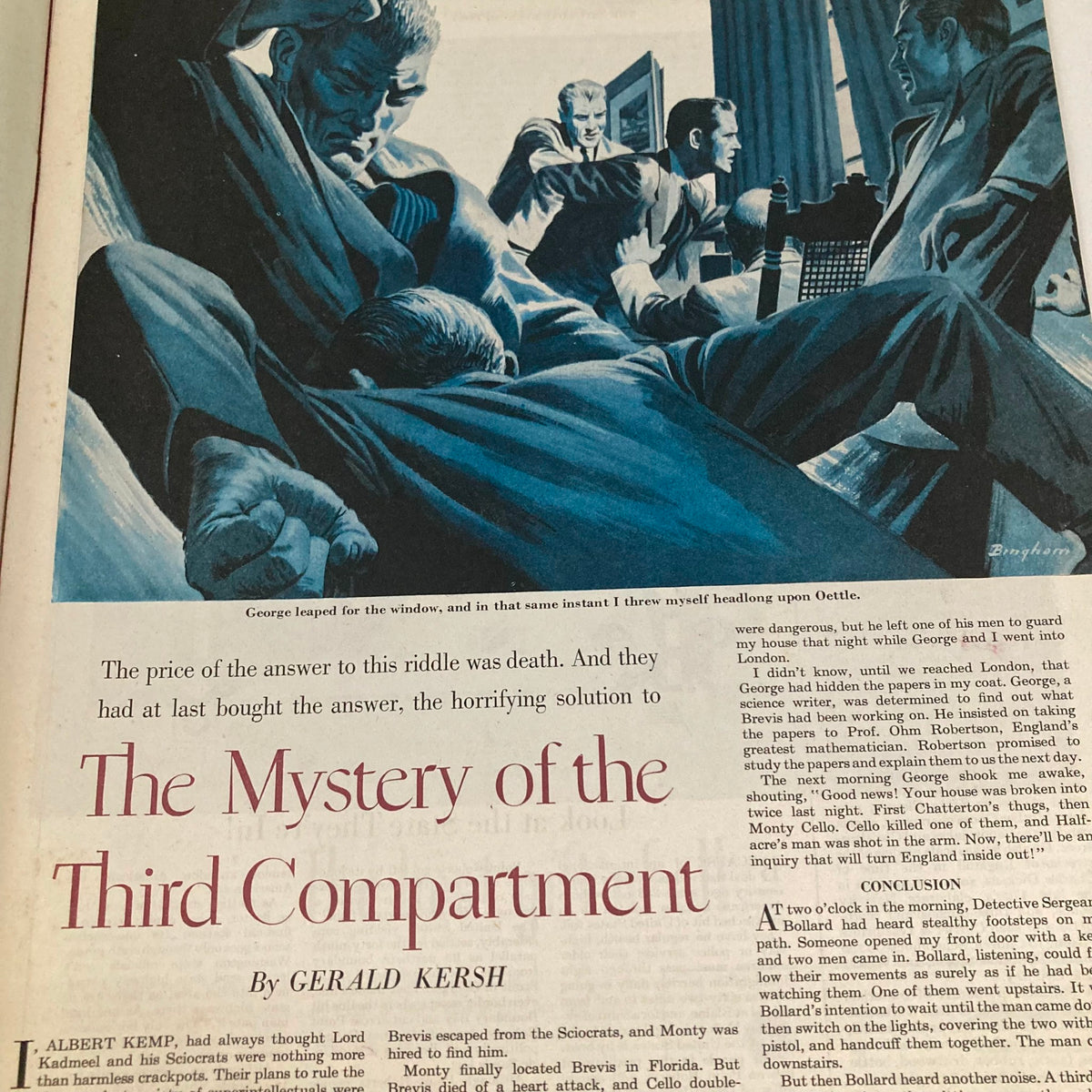 A dramatic illustration from the Saturday Evening Post Magazine December 20, 1952, titled 'The Mystery of the Third Compartment,' depicting a tense moment involving several men in a mysterious setting.