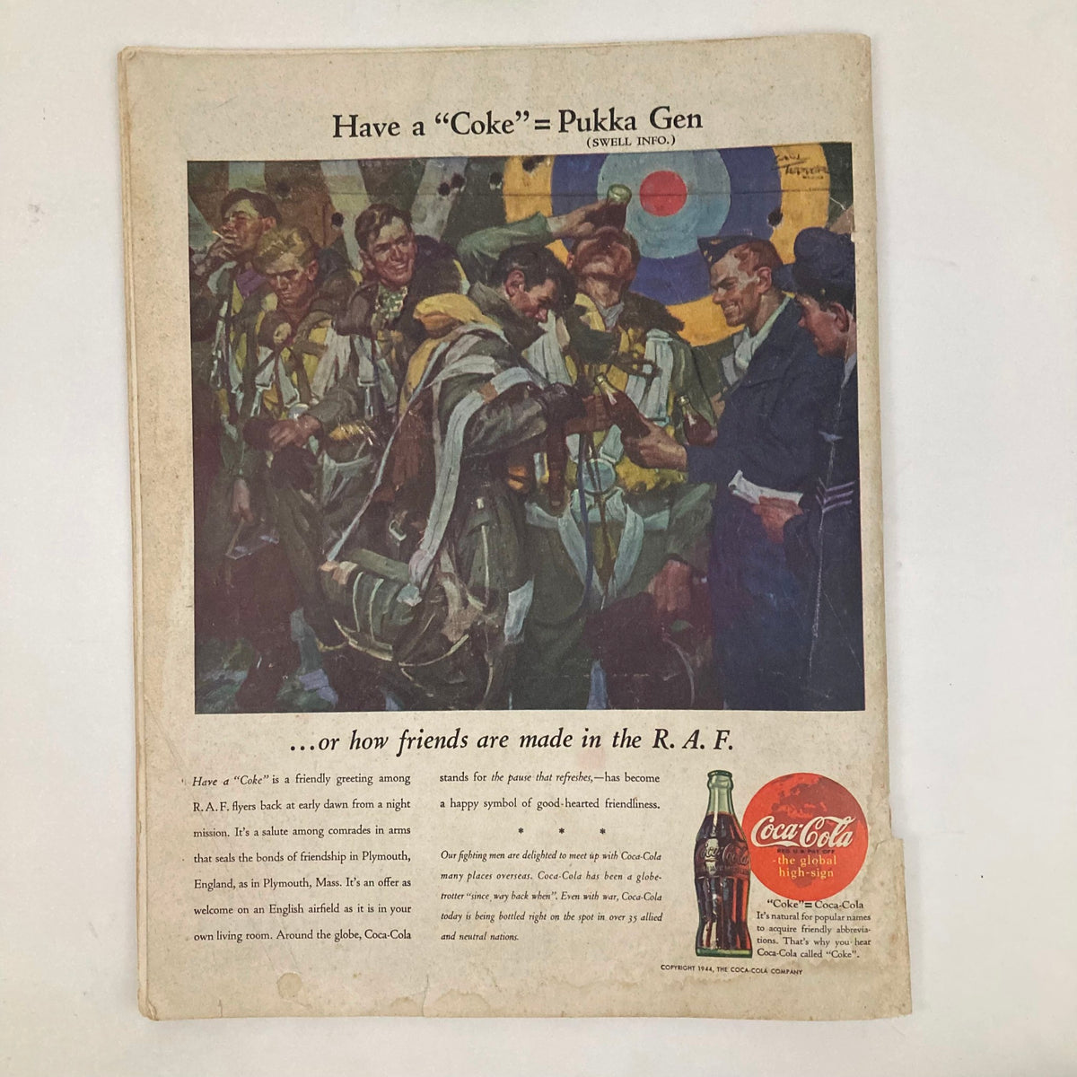 Have a 'Coke' advertisement featuring soldiers celebrating their camaraderie after a mission, depicted in a painting style reminiscent of Norman Rockwell, from the Saturday Evening Post Magazine April 29, 1944 cover.