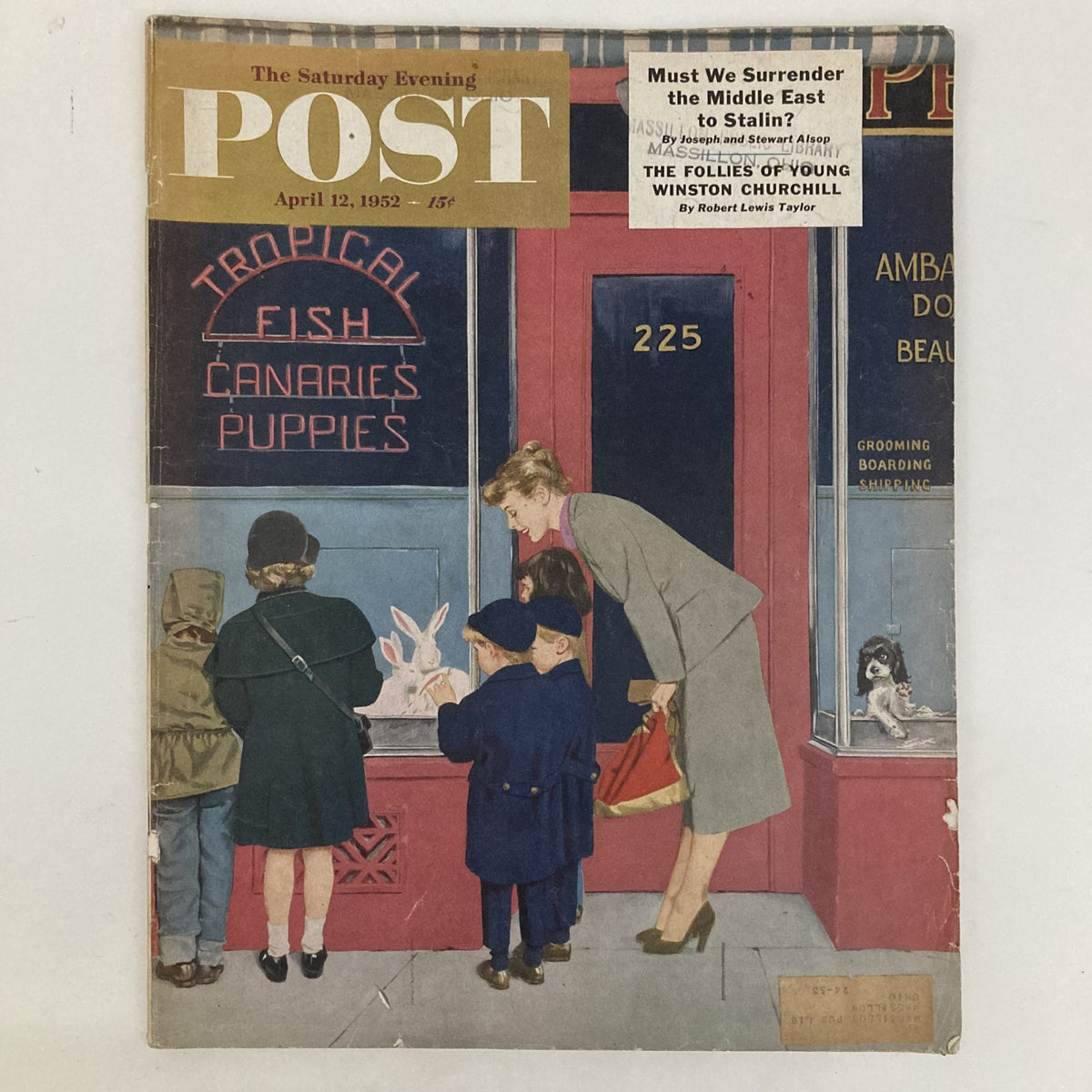 Vintage cover of Saturday Evening Post Magazine from April 12, 1952, featuring children admiring Easter bunnies in a pet shop window, reflecting nostalgic charm and a festive spirit.