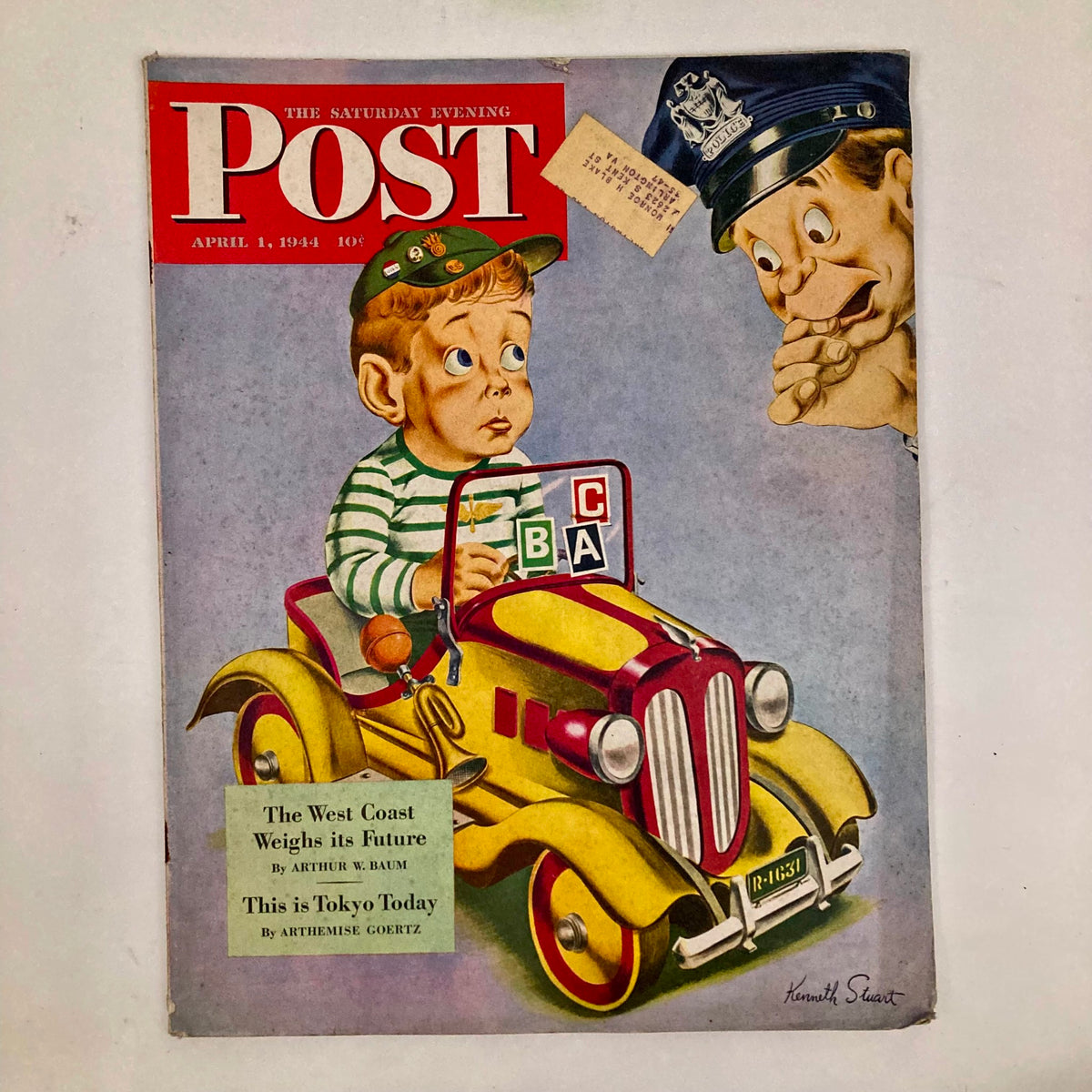 Cover of the Saturday Evening Post Magazine, April 1, 1944, illustrated by Kenneth Stuart, featuring a whimsical portrayal of a child in a toy car and a police officer.