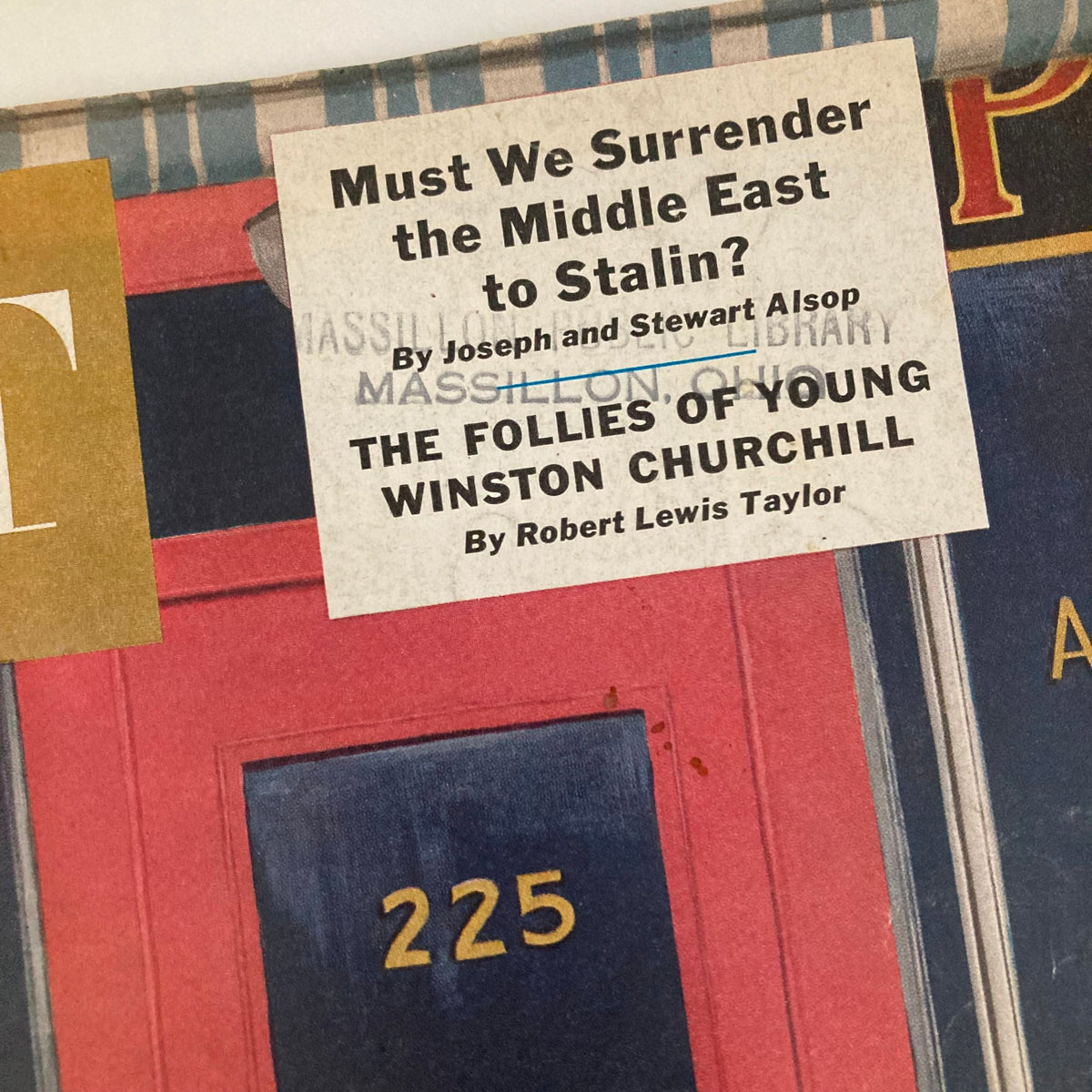 Cover of Saturday Evening Post Magazine, April 12, 1952, featuring articles on the Middle East and Winston Churchill. Nostalgic vintage design with pastel colors.