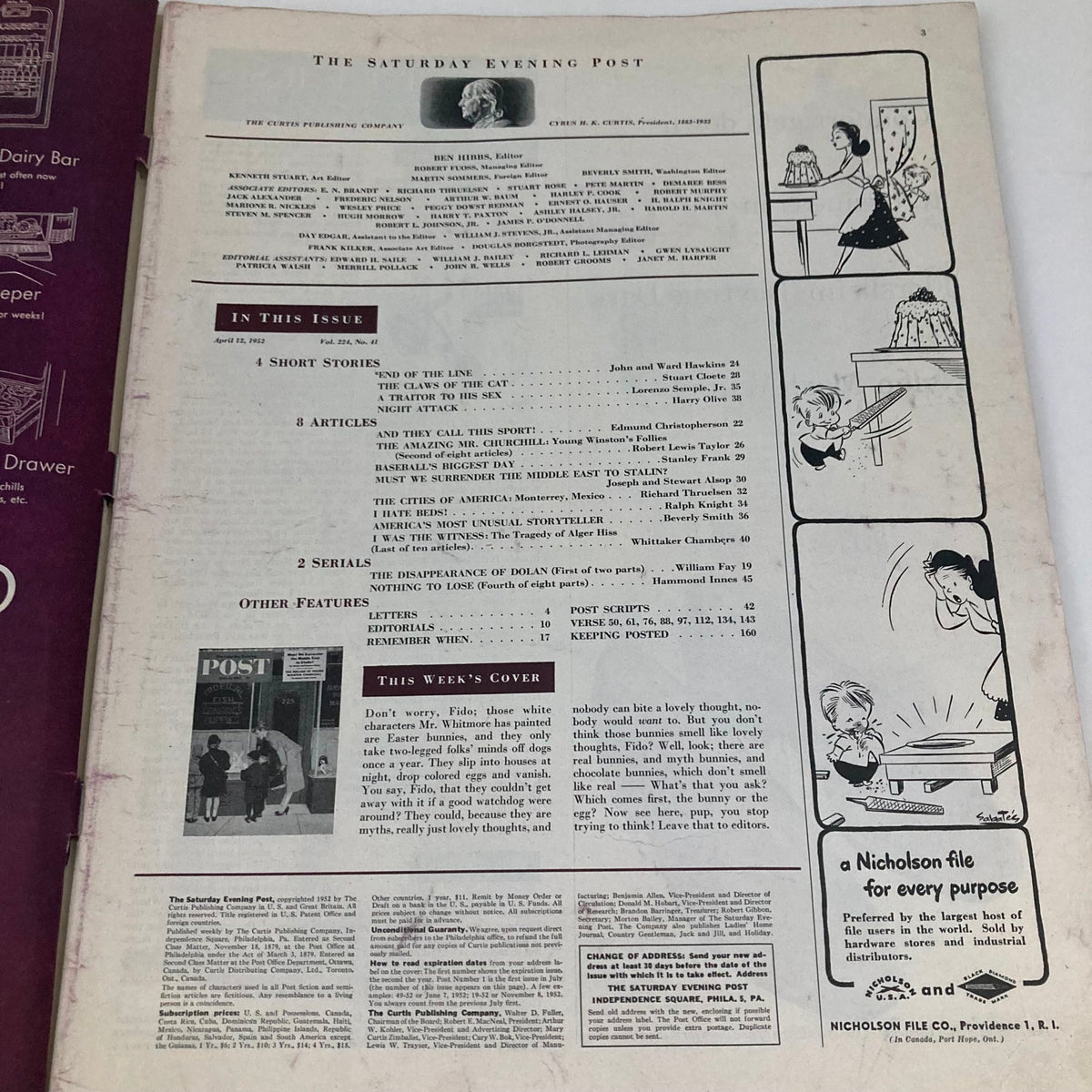 Table of contents page of Saturday Evening Post Magazine, April 12, 1952. Lists articles and features, showcasing vintage magazine layout.