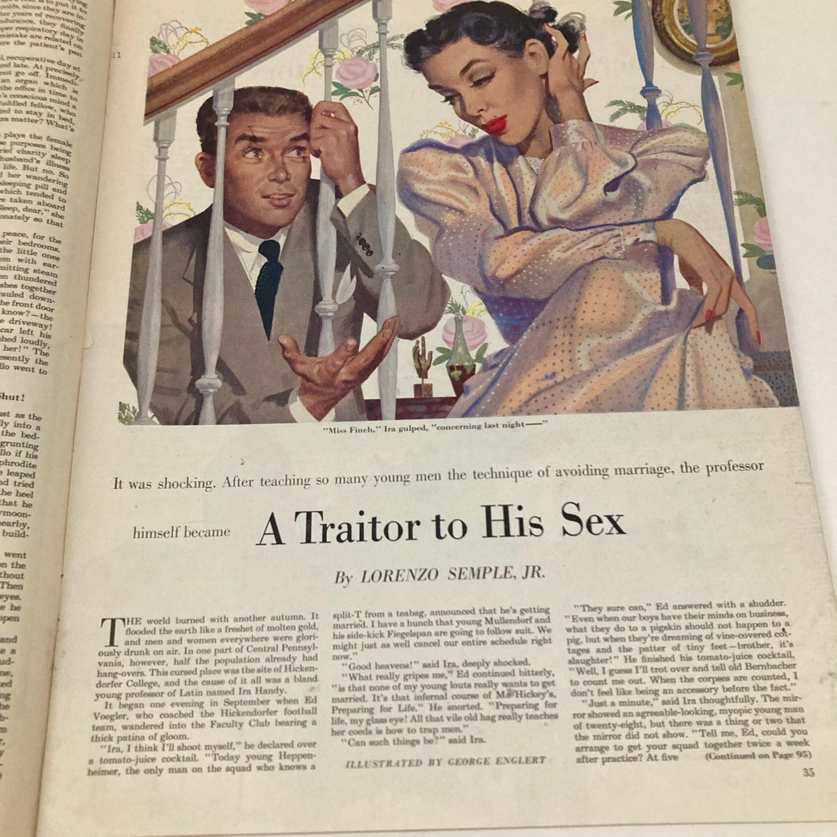 Illustration from Saturday Evening Post, April 12, 1952, depicting a dramatic conversation scene between a man and a woman, rich in 1950s style.
