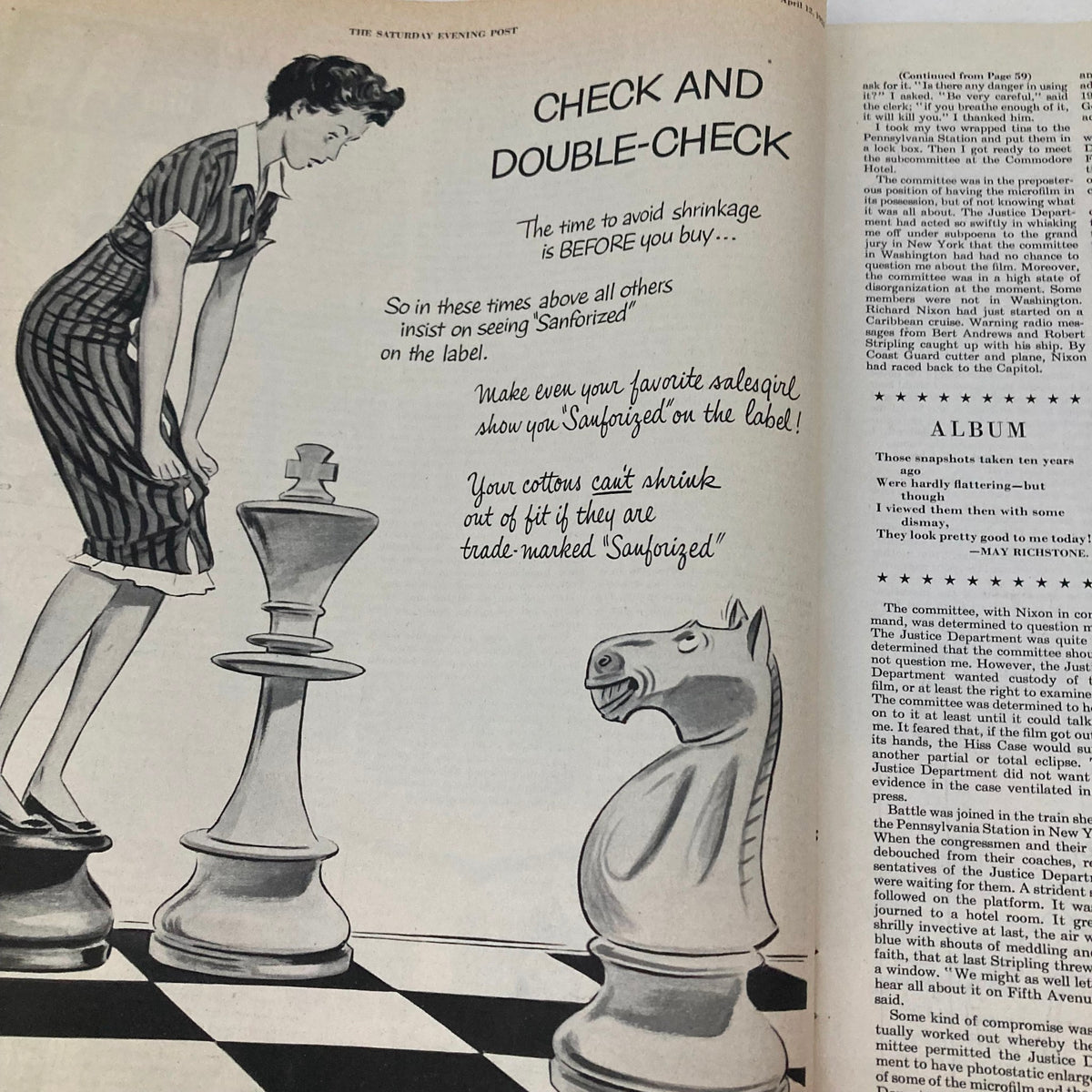 Ad page in Saturday Evening Post Magazine, April 12, 1952, featuring a woman checking a label on clothing, emphasizing vintage branding and style tips.