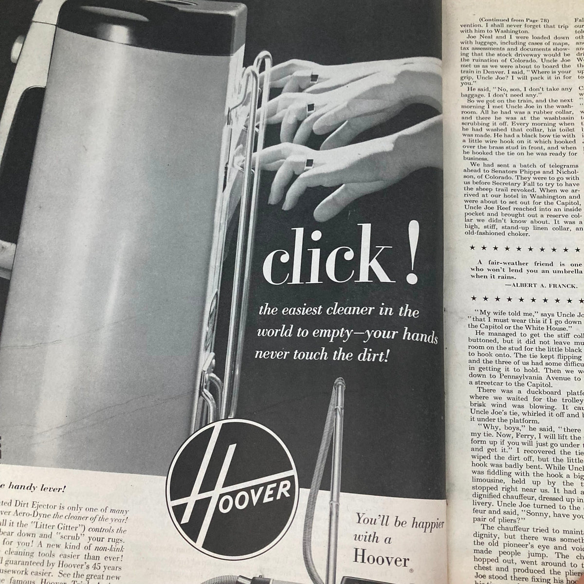 Advertisement in Saturday Evening Post from April 12, 1952, promoting Hoover vacuum cleaner with stylish visual and catchy tagline.