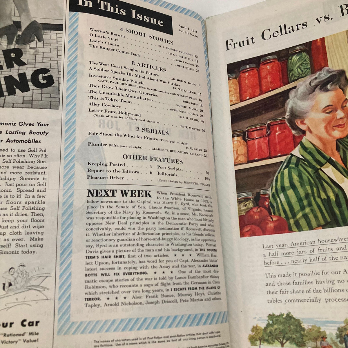 Interior page of the Saturday Evening Post Magazine, April 1, 1944, showcasing the table of contents with a list of articles, including features on the West Coast and wartime topics.