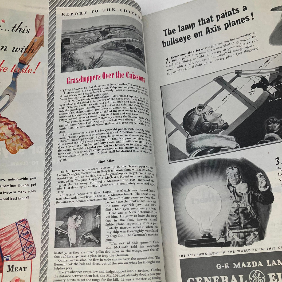 Interior page of the Saturday Evening Post Magazine, April 1, 1944, featuring an article titled 'Report to the Editor' alongside illustrations regarding WWII aircraft.