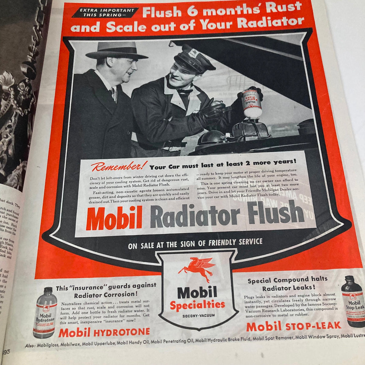 Advert for Mobil Radiator Flush from the Saturday Evening Post Magazine April 1 1944 featuring two men discussing car maintenance.