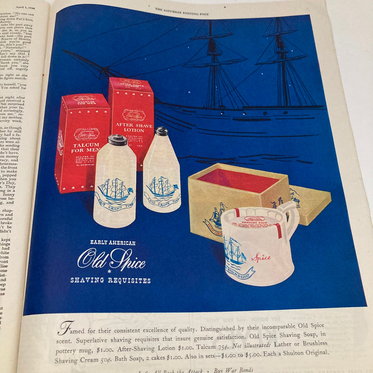 Old Spice shaving requisites advertisement from the Saturday Evening Post Magazine April 1 1944 showcasing grooming products against a nautical backdrop.