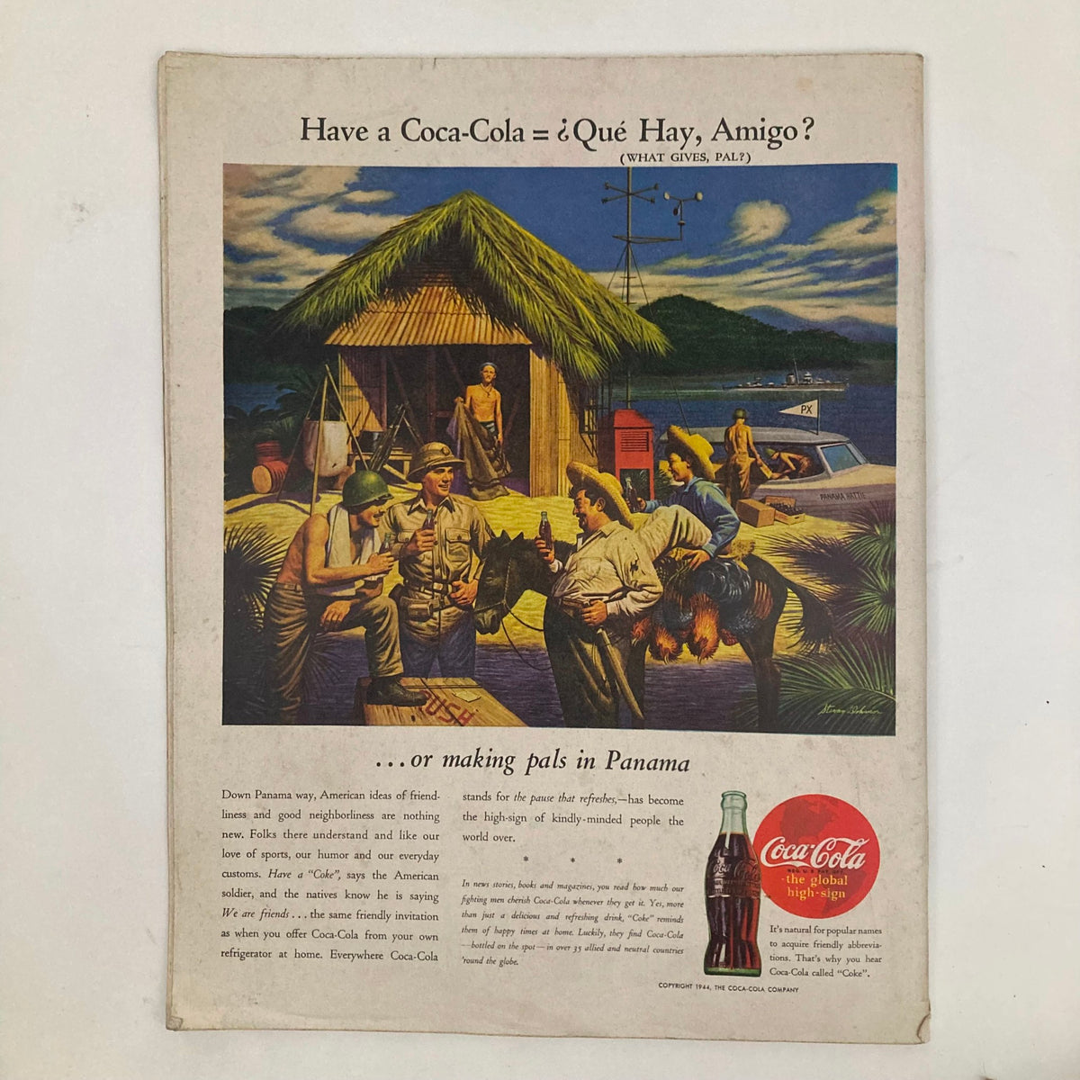 Coca-Cola advertisement illustrating friendly interactions in Panama from the Saturday Evening Post Magazine April 1 1944, depicting soldiers and locals enjoying the beverage.