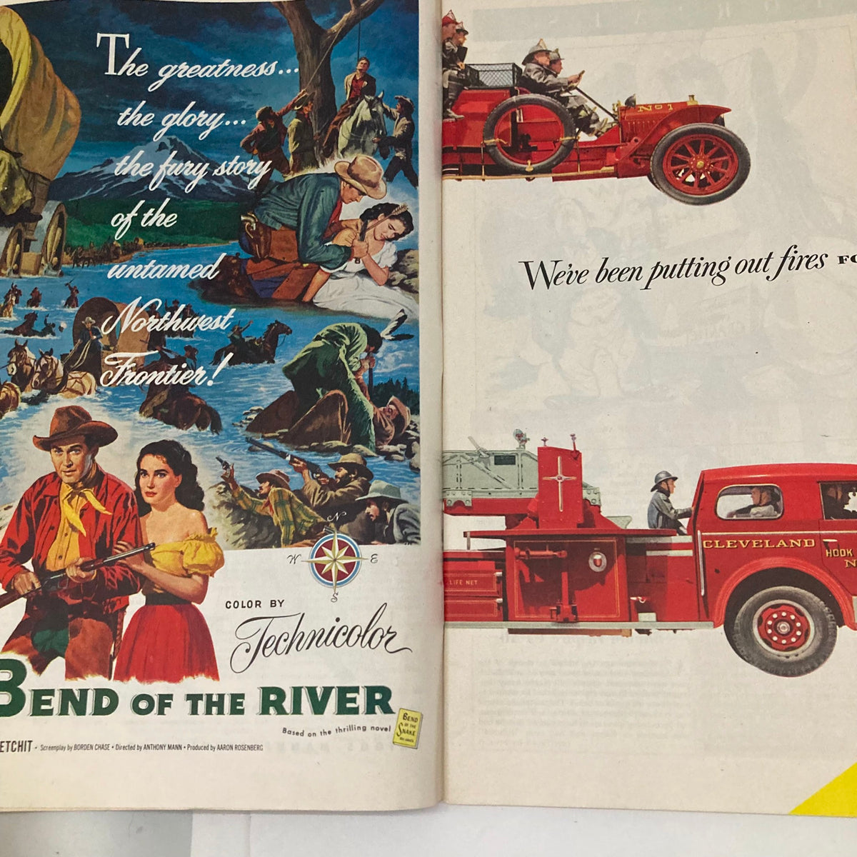 Saturday Evening Post Magazine February 9 1952 featuring vintage advertisements including 'Bend of the River' and fire truck images, showcasing mid-century American culture.