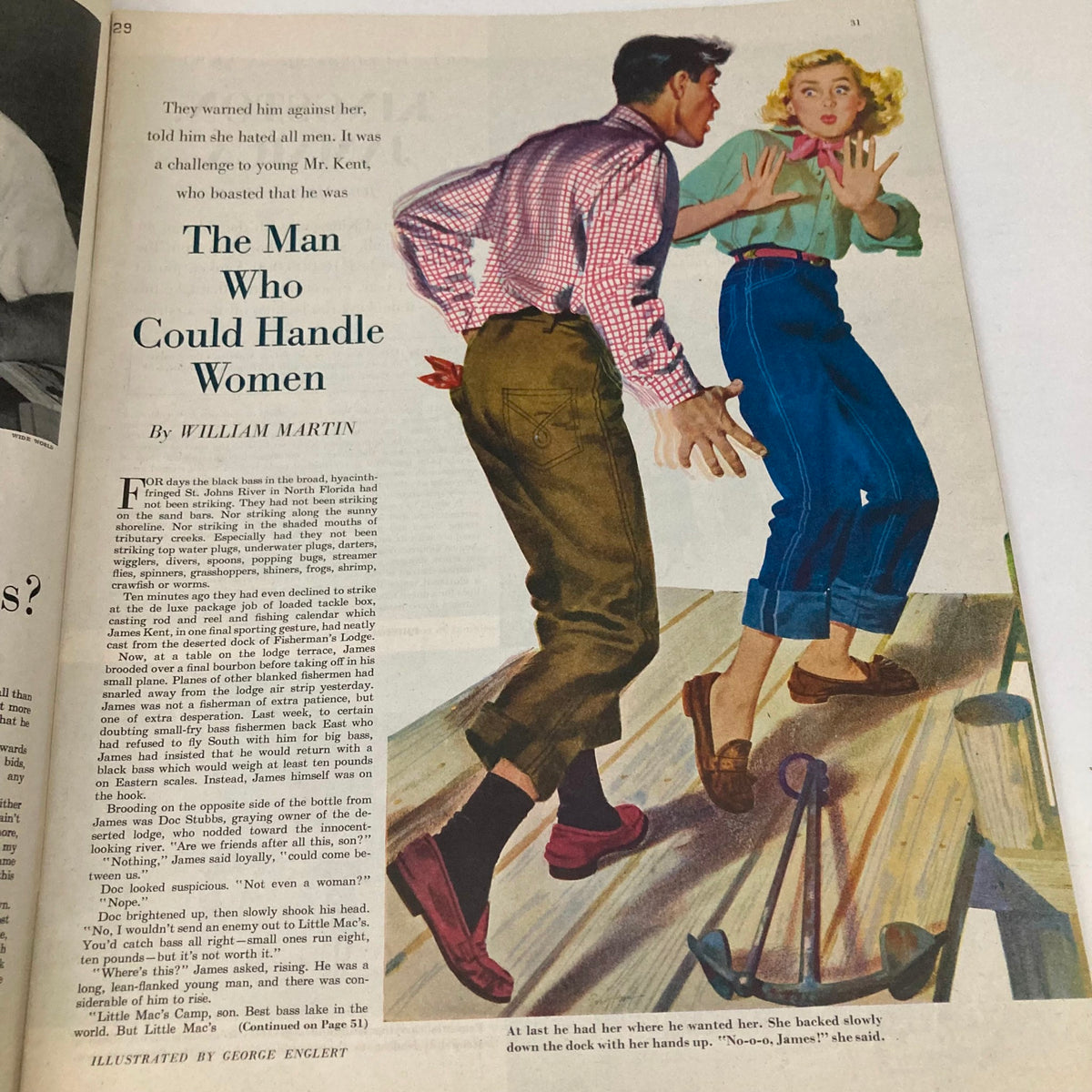 Saturday Evening Post Magazine February 9 1952 page depicting 'The Man Who Could Handle Women', illustrated with retro art reflecting 1950s societal themes.