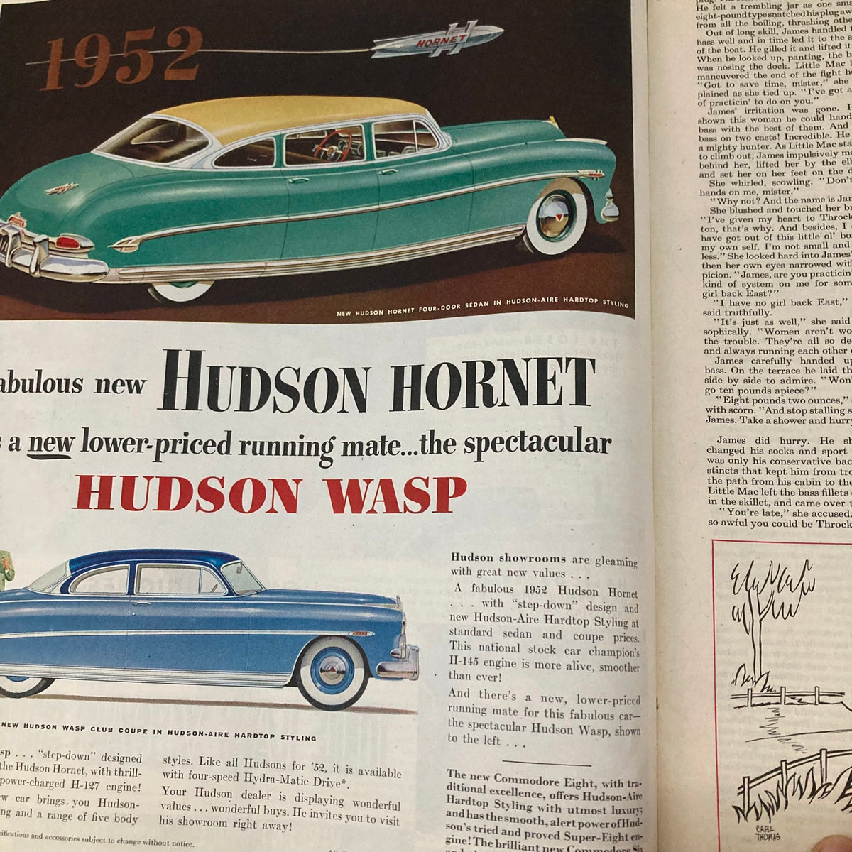 Saturday Evening Post Magazine February 9 1952 showcasing the Hudson Wasp advertisement, featuring classic 1952 Hudson Hornet cars, highlighting vintage automotive design.