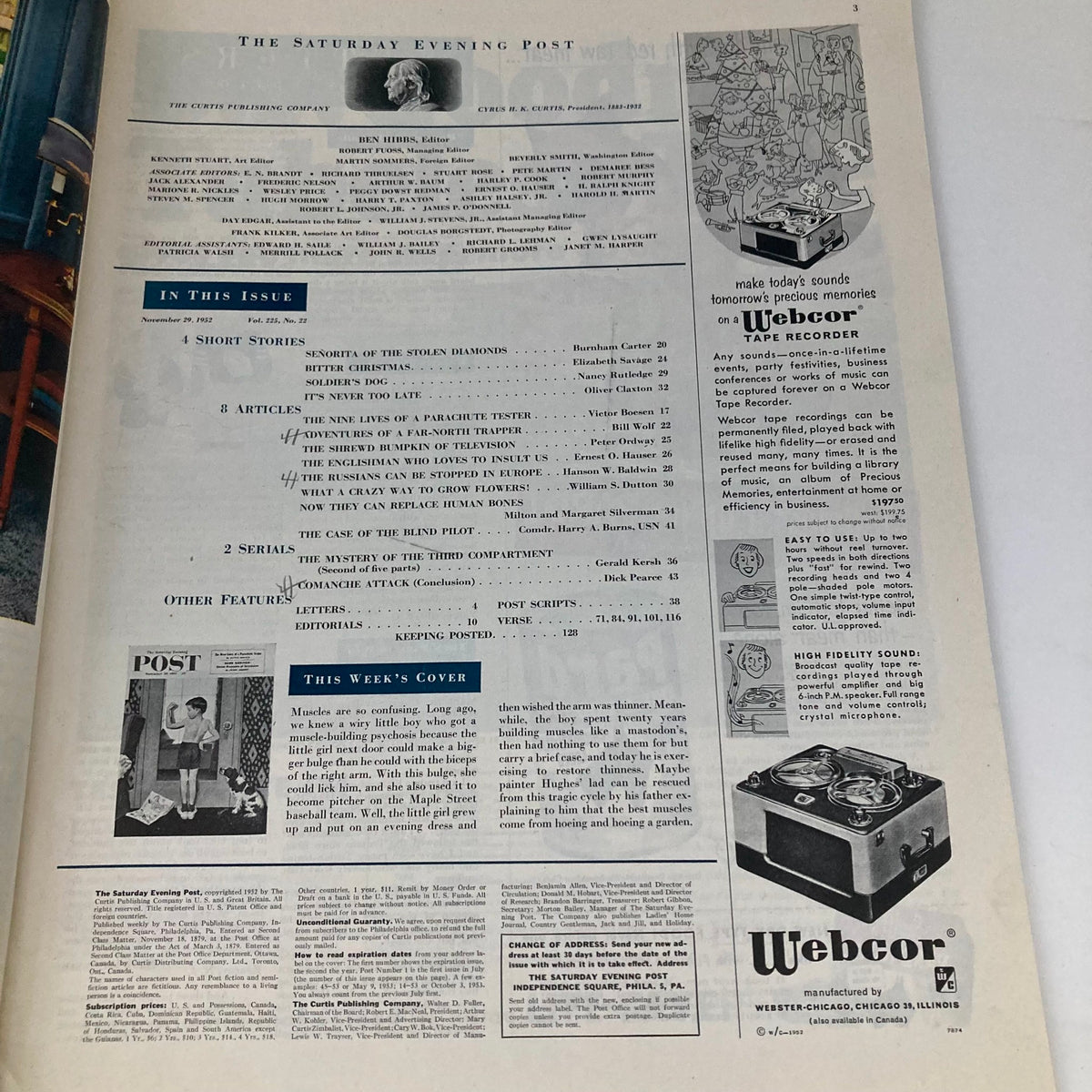 Interior page of the Saturday Evening Post magazine from November 29, 1952, featuring an editorial layout with articles and vintage advertisements.