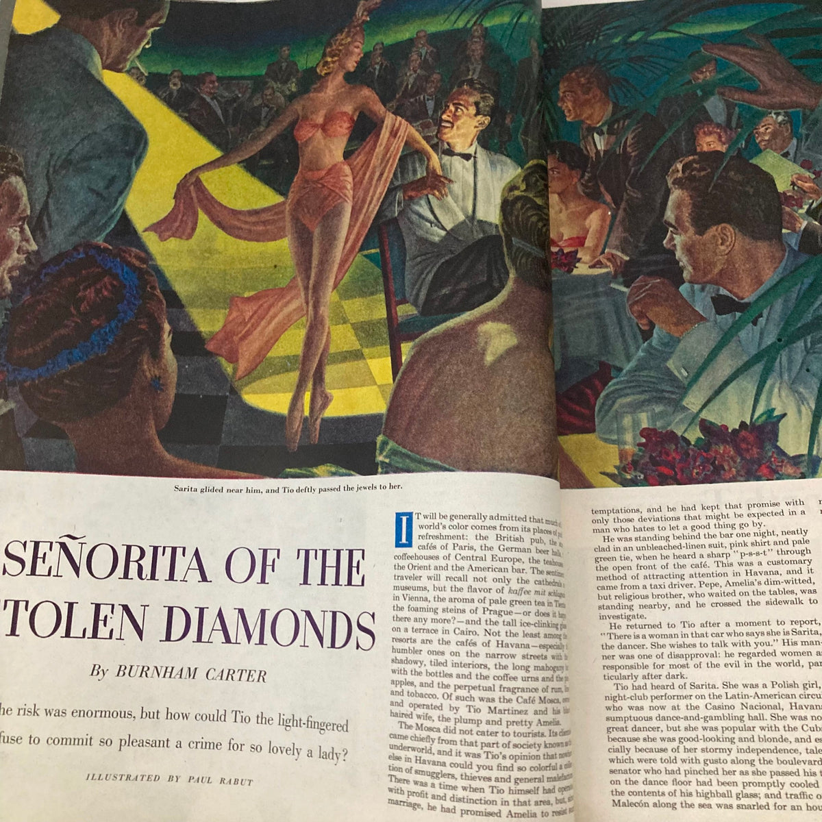 Opening of the story 'Señorita of the Stolen Diamonds' from the Saturday Evening Post magazine, featuring a dramatic illustration of a performer captivating an audience.