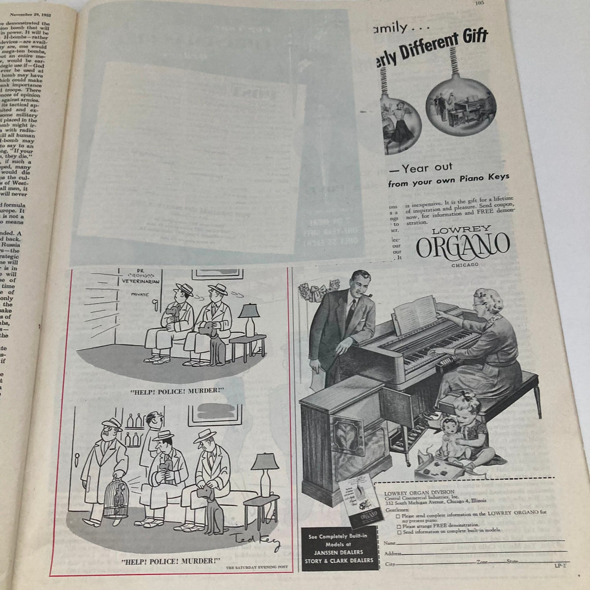 Interior pages of the Saturday Evening Post Magazine from November 29, 1952 featuring humorous advertisements and illustrations, including a cartoon with the title 'HELP! POLICE! MURDER!'. This vintage publication captures the essence of mid-20th century America.