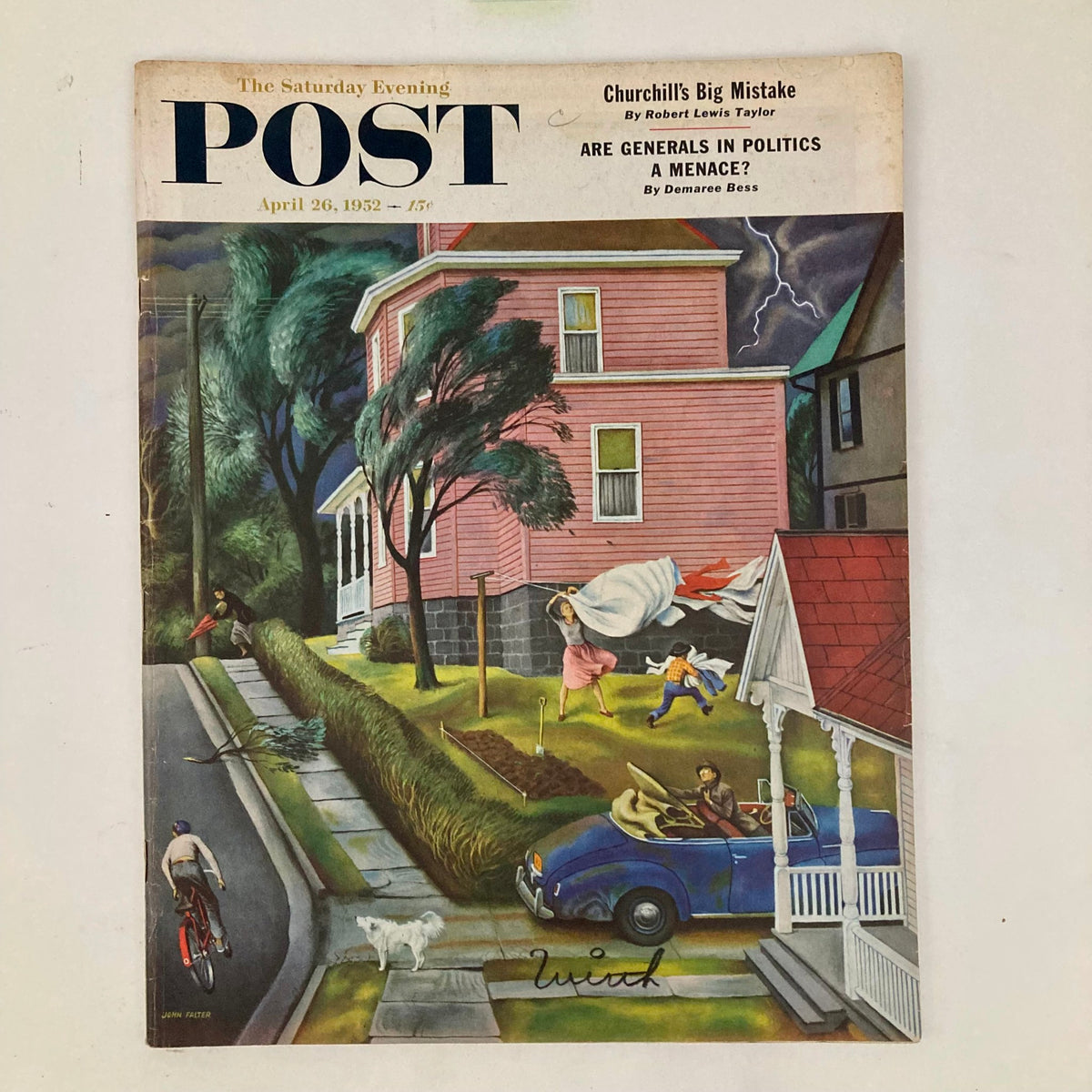 Cover of Saturday Evening Post Magazine April 26 1952 titled 'Little Boyhood' featuring whimsical artwork by Falter, depicting a vibrant scene with children playing outside a pink house during a storm.