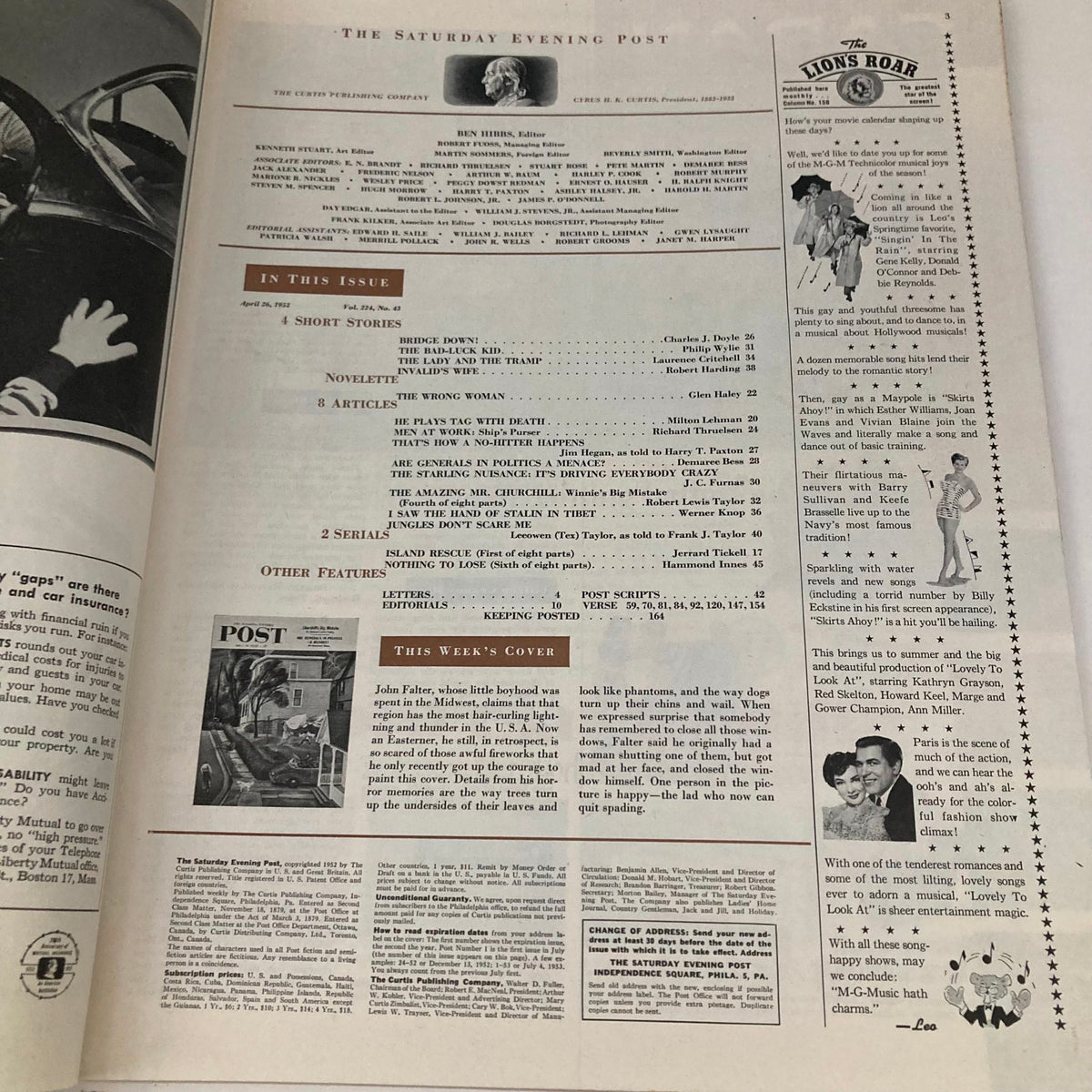 Inside page of Saturday Evening Post Magazine April 26 1952 showcasing the contents and articles, highlighting the cover story 'Little Boyhood' and various features reflecting 1950s culture.