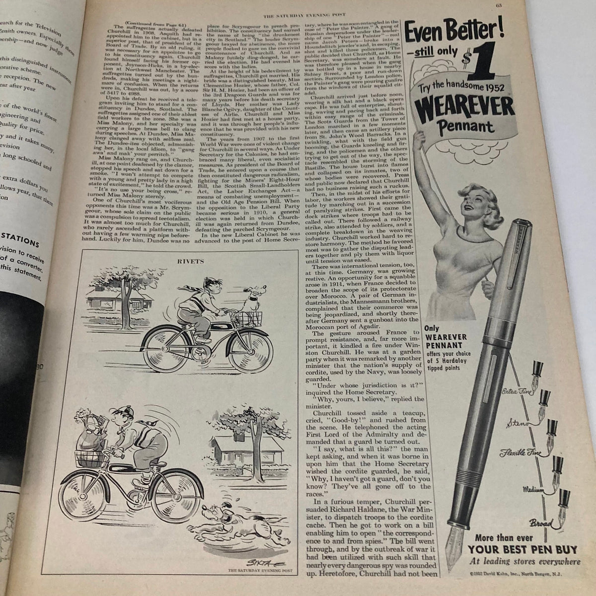 Saturday Evening Post Magazine April 26 1952 Little Boyhood - Falter, displaying pages with a humorous cartoon panel titled 'RIVETS' and an advertisement for the 1952 WEAREVER Pennant.