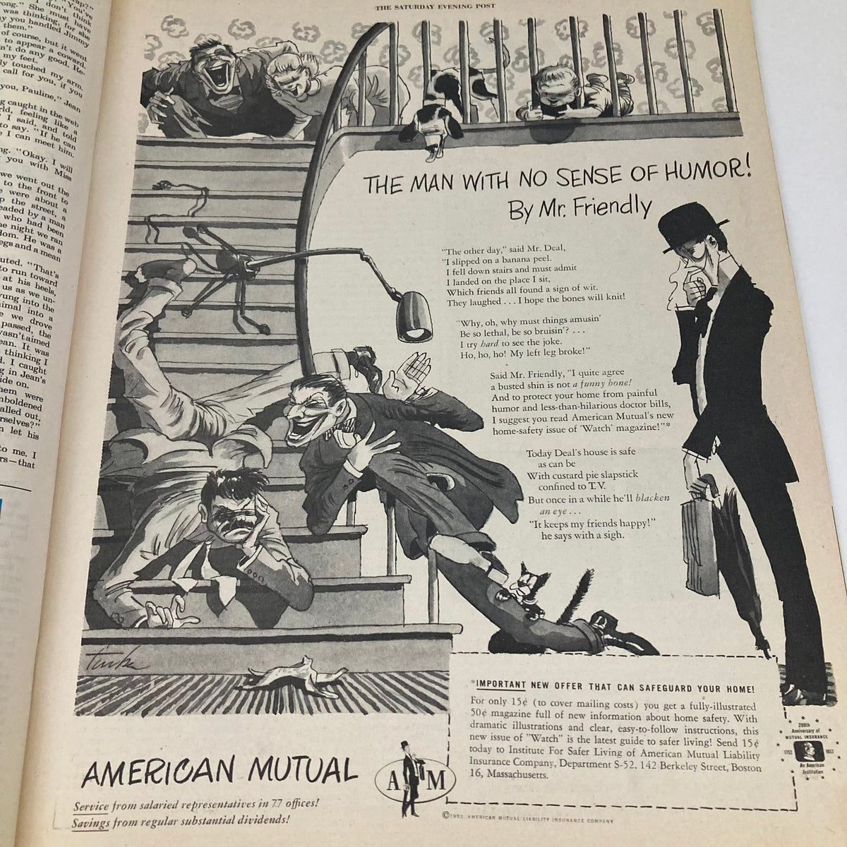 Saturday Evening Post Magazine April 26 1952 Little Boyhood - Falter, highlighting an article called 'The Man with No Sense of Humor!' along with a satirical illustration about a mishap with humor.