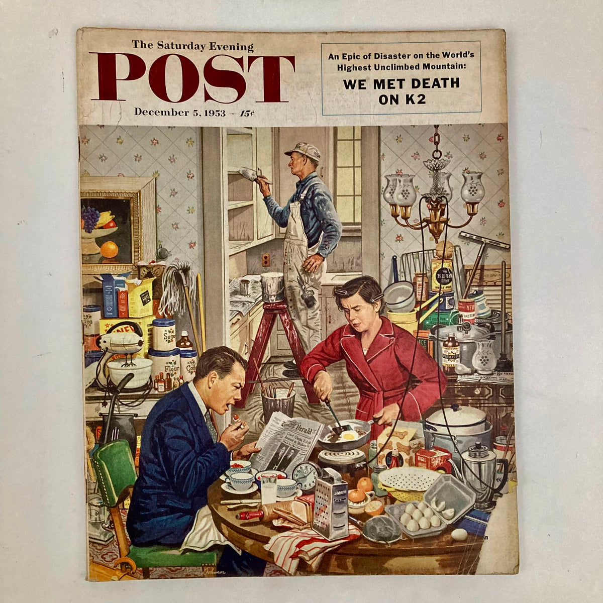 Cover of the Saturday Evening Post Magazine, December 3, 1953, featuring a family scene with a man reading a newspaper, a woman cooking, and a painter working on the walls.